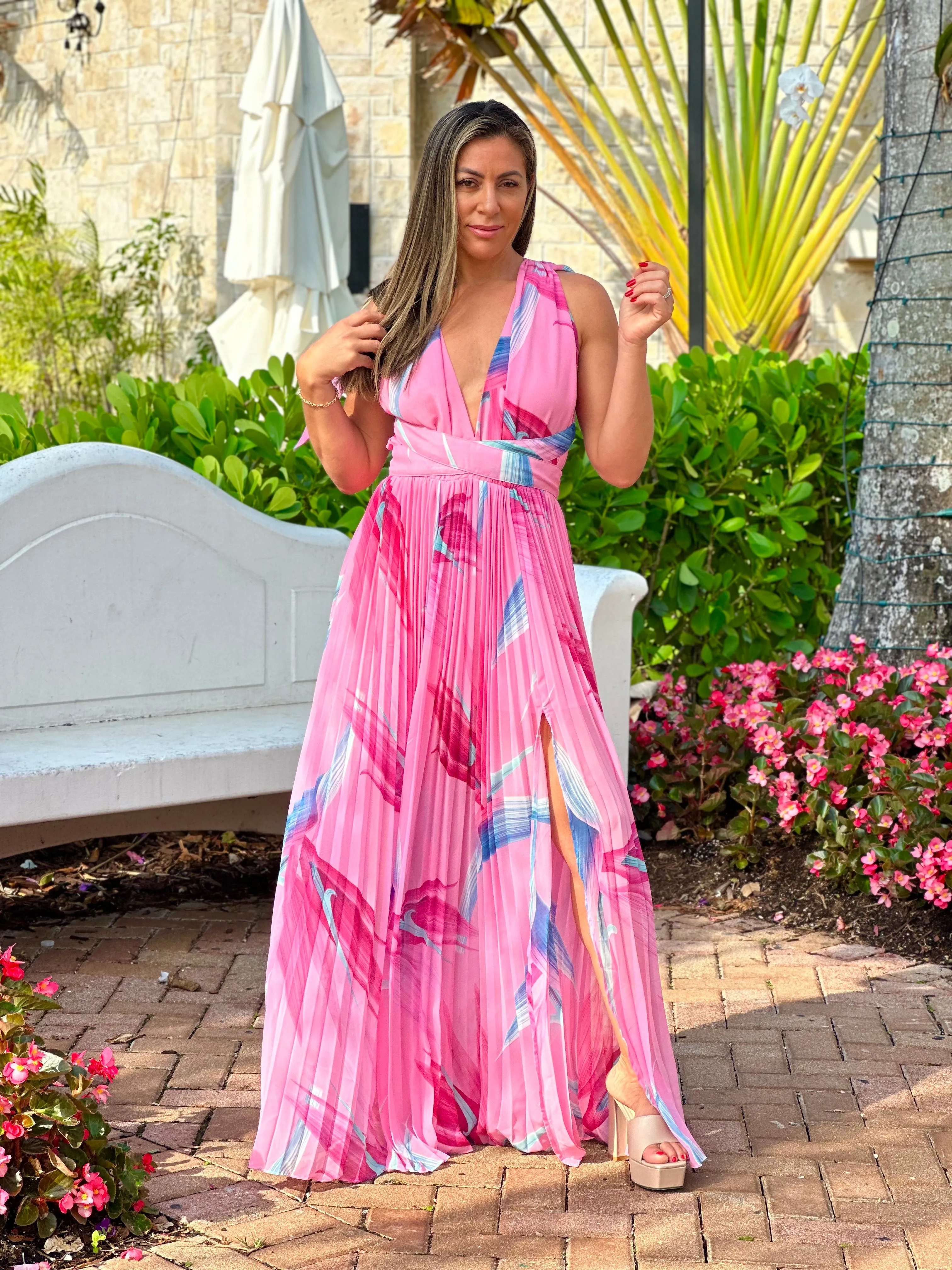 "Shia" Tropical Print Pleated Maxi Dress
