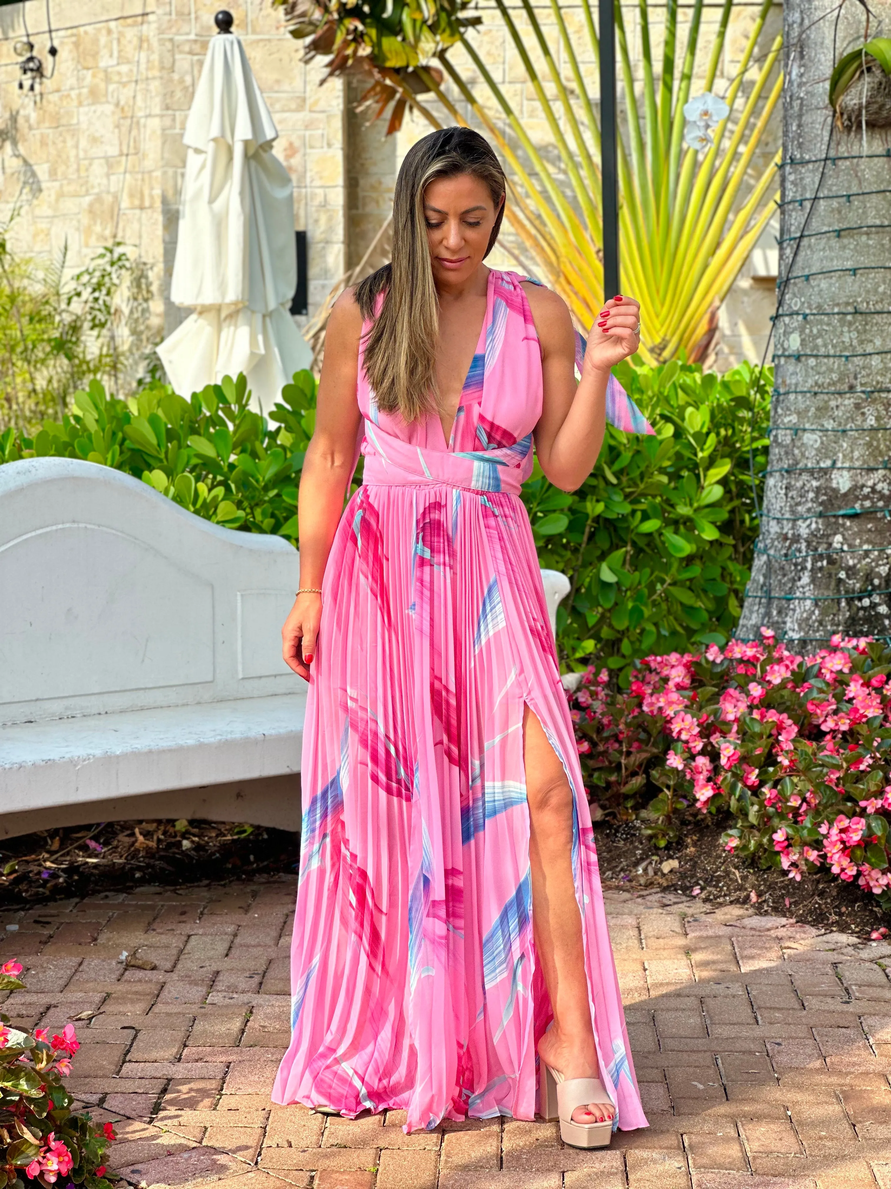 "Shia" Tropical Print Pleated Maxi Dress