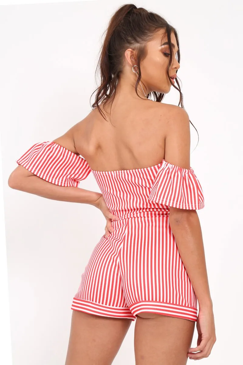 Red and White Striped Bardot Playsuit - Suzey