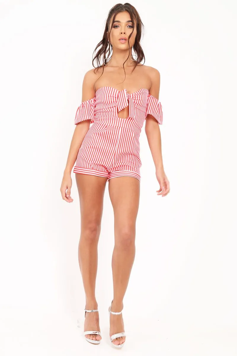Red and White Striped Bardot Playsuit - Suzey