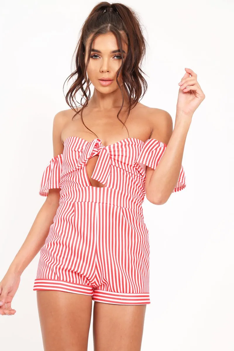 Red and White Striped Bardot Playsuit - Suzey