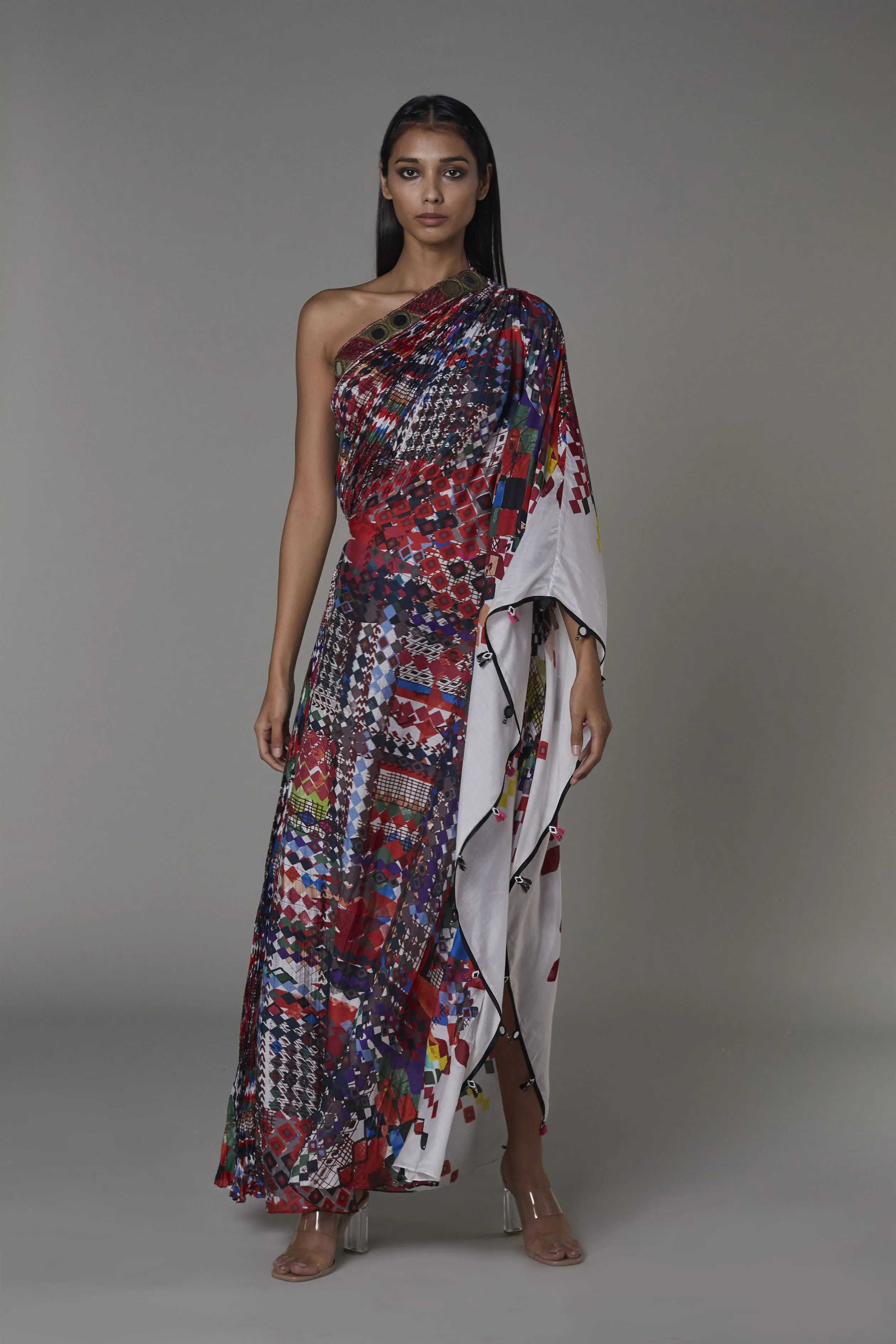 Saaksha & KinniÂ    I   AK print one shoulder kaftan dress with embroidery Cotton Silk Multi SS22041