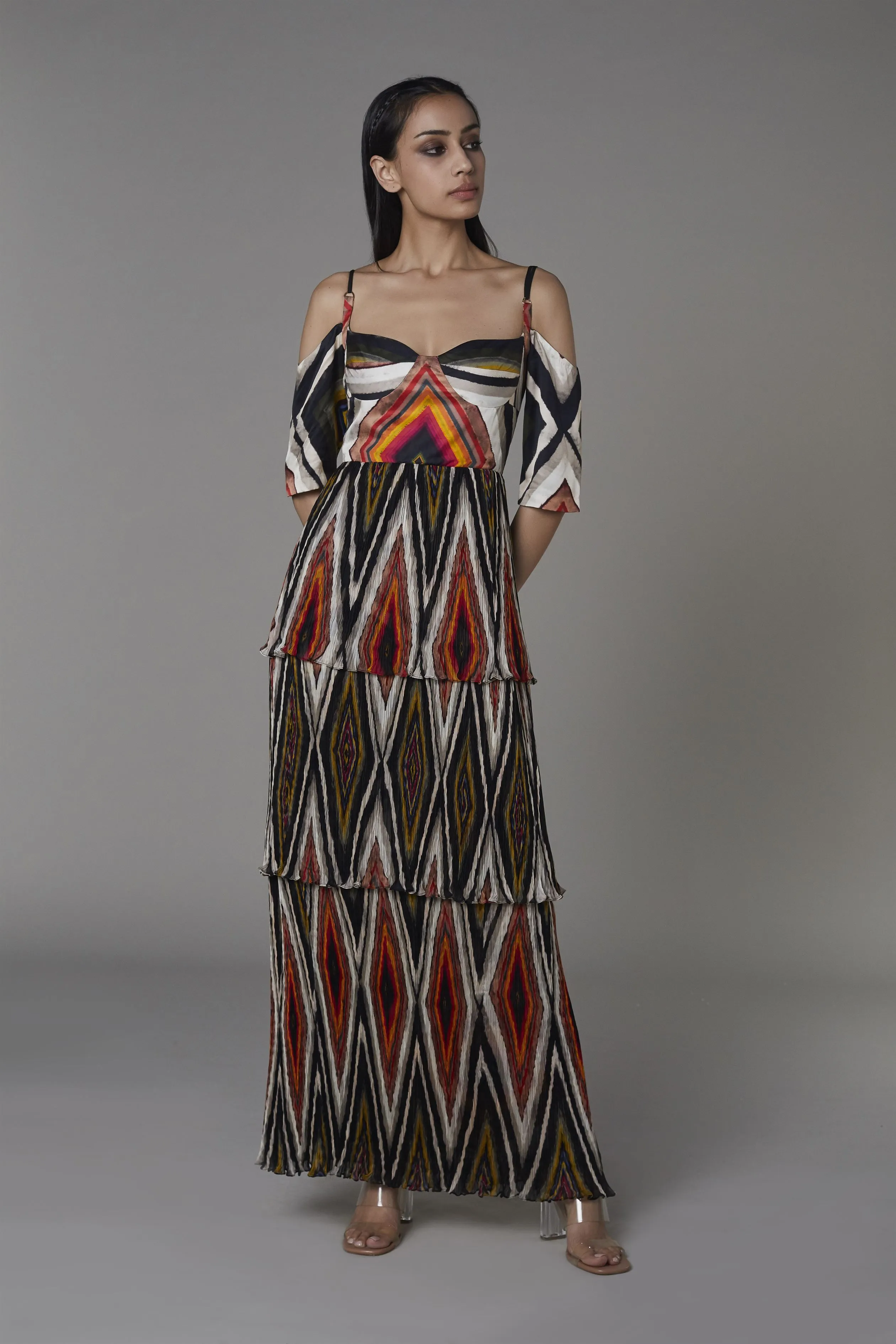 Saaksha & KinniÂ    I   Black diamond satin bustier 3 tier dress with off shoulder sleeves Satin / Chiffon Multi SS22060