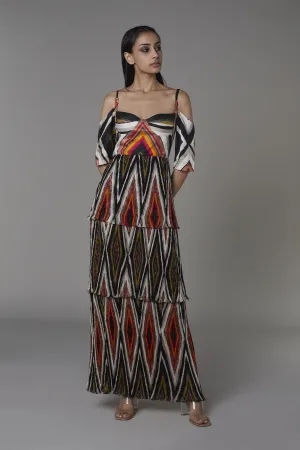 Saaksha & KinniÂ    I   Black diamond satin bustier 3 tier dress with off shoulder sleeves Satin / Chiffon Multi SS22060