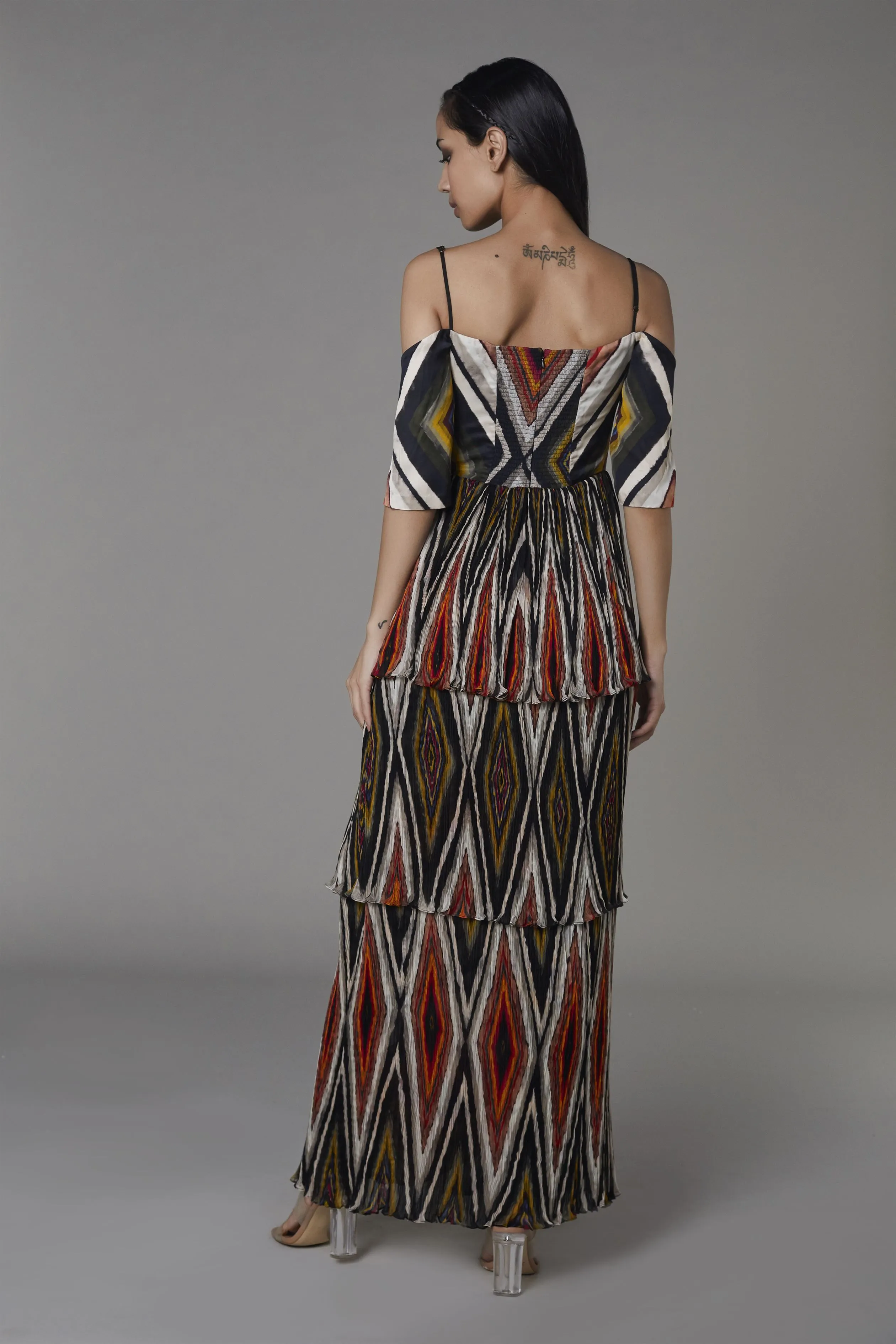 Saaksha & KinniÂ    I   Black diamond satin bustier 3 tier dress with off shoulder sleeves Satin / Chiffon Multi SS22060