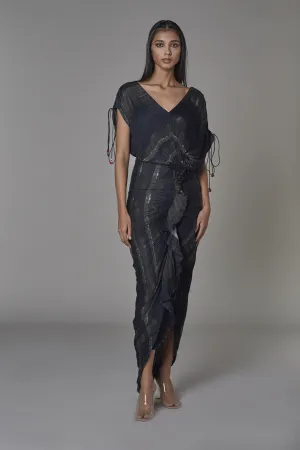 Saaksha & KinniÂ    I   Olive black print print v neck sari dress Cotton Silk / Chiffon Black / Green SS22044