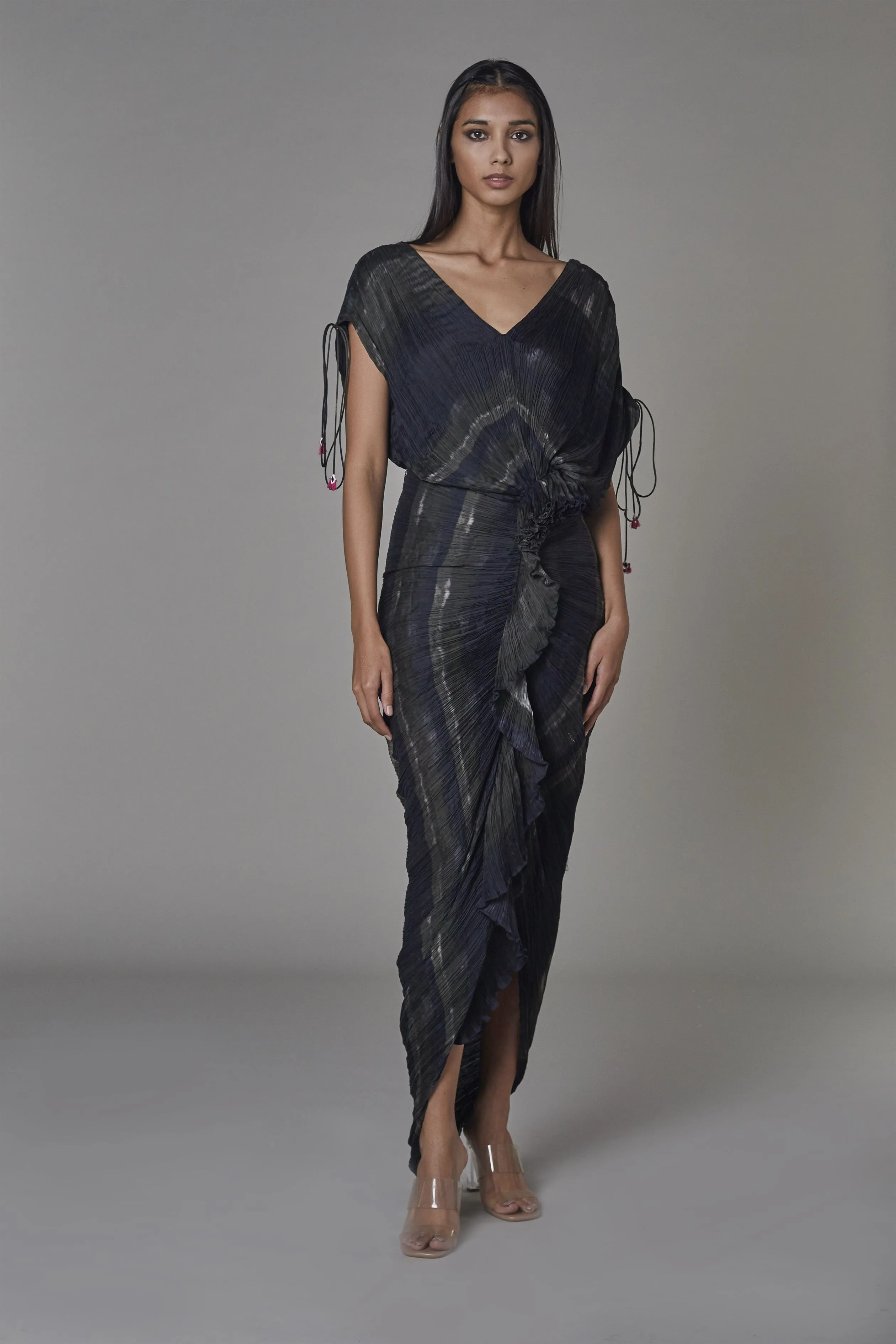 Saaksha & KinniÂ    I   Olive black print print v neck sari dress Cotton Silk / Chiffon Black / Green SS22044