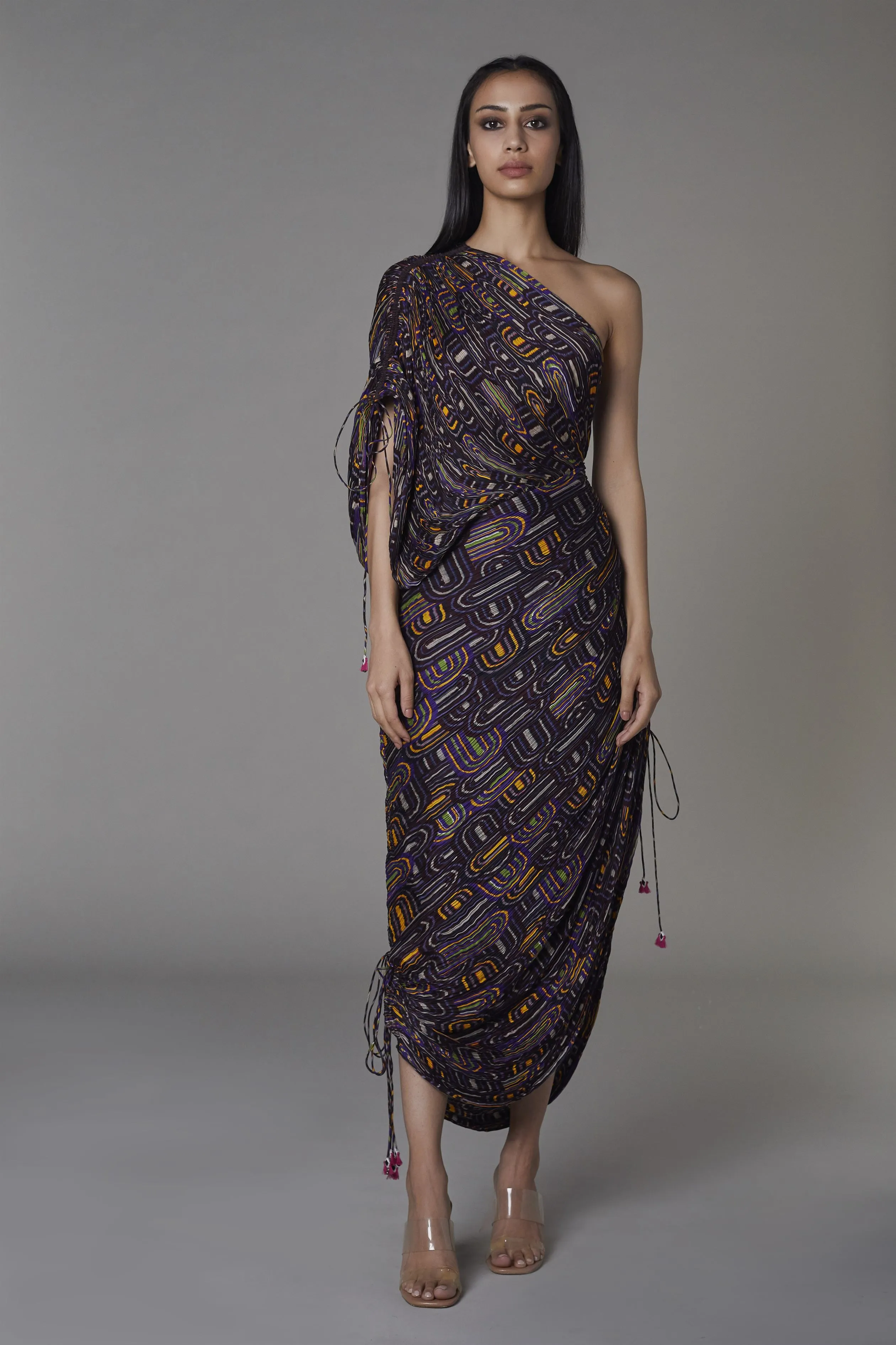 Saaksha & KinniÂ    I   Purple semi circle one shoulder sari dress Cotton silk / Chiffon Purple SS22043