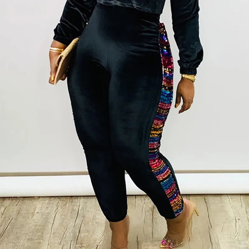 Sequin Velvet Patchwork High Waist Pants