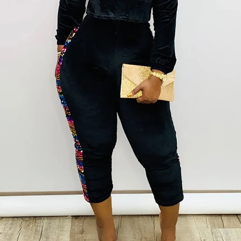 Sequin Velvet Patchwork High Waist Pants
