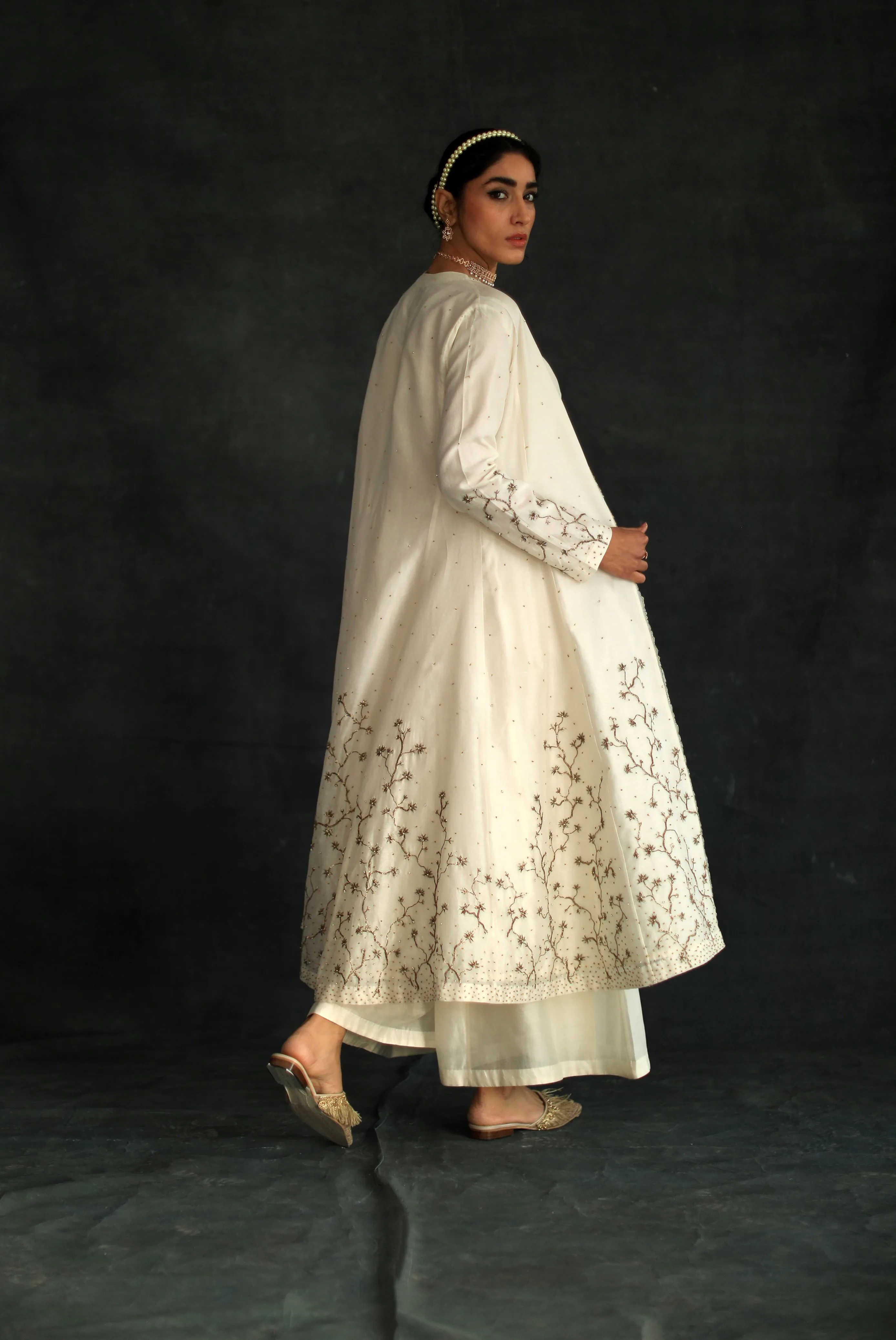 Shikha Mehta Ivana Ecru Taachi Jacket Set Silk Chanderi Ivory Hana Ss21F-Et