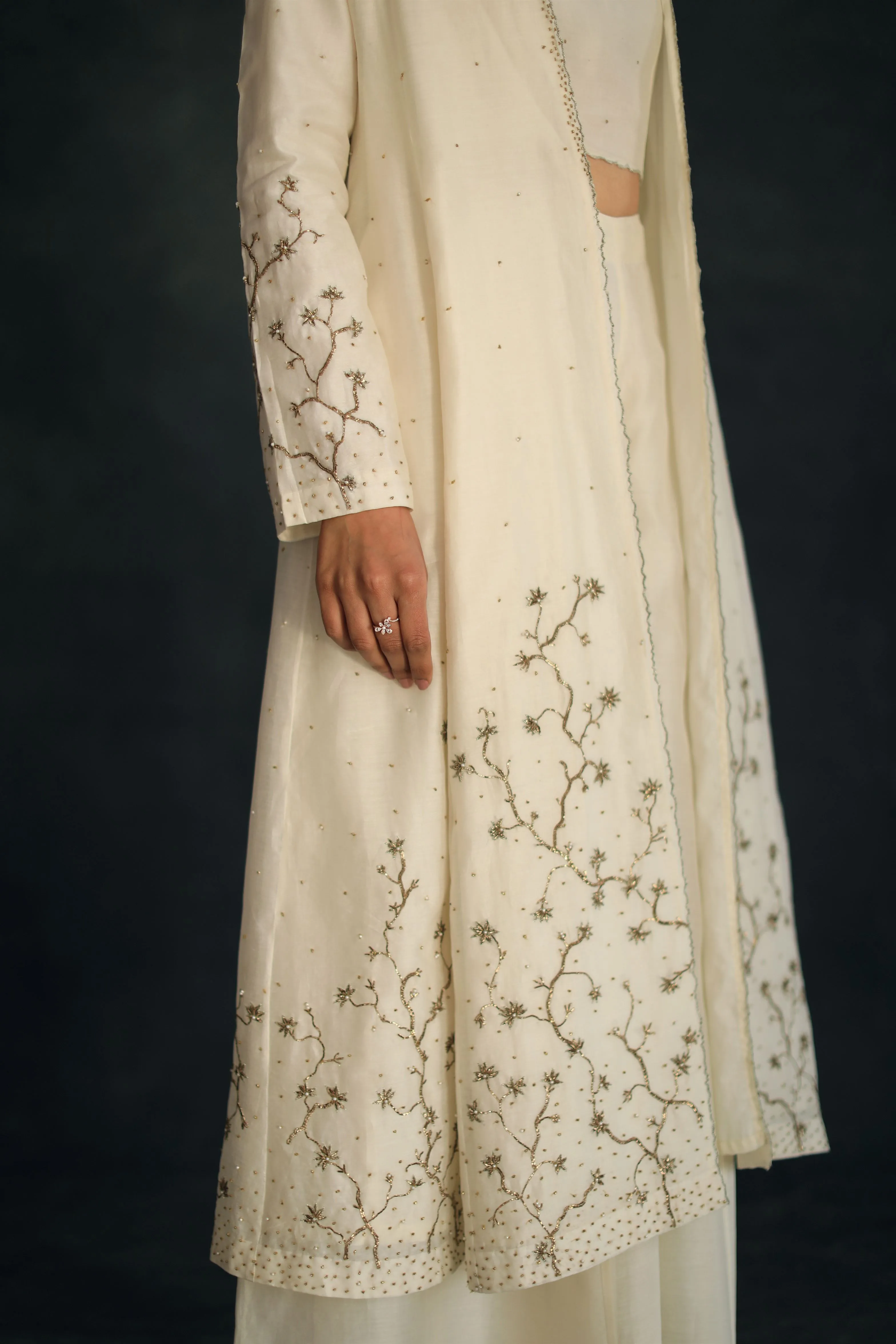 Shikha Mehta Ivana Ecru Taachi Jacket Set Silk Chanderi Ivory Hana Ss21F-Et