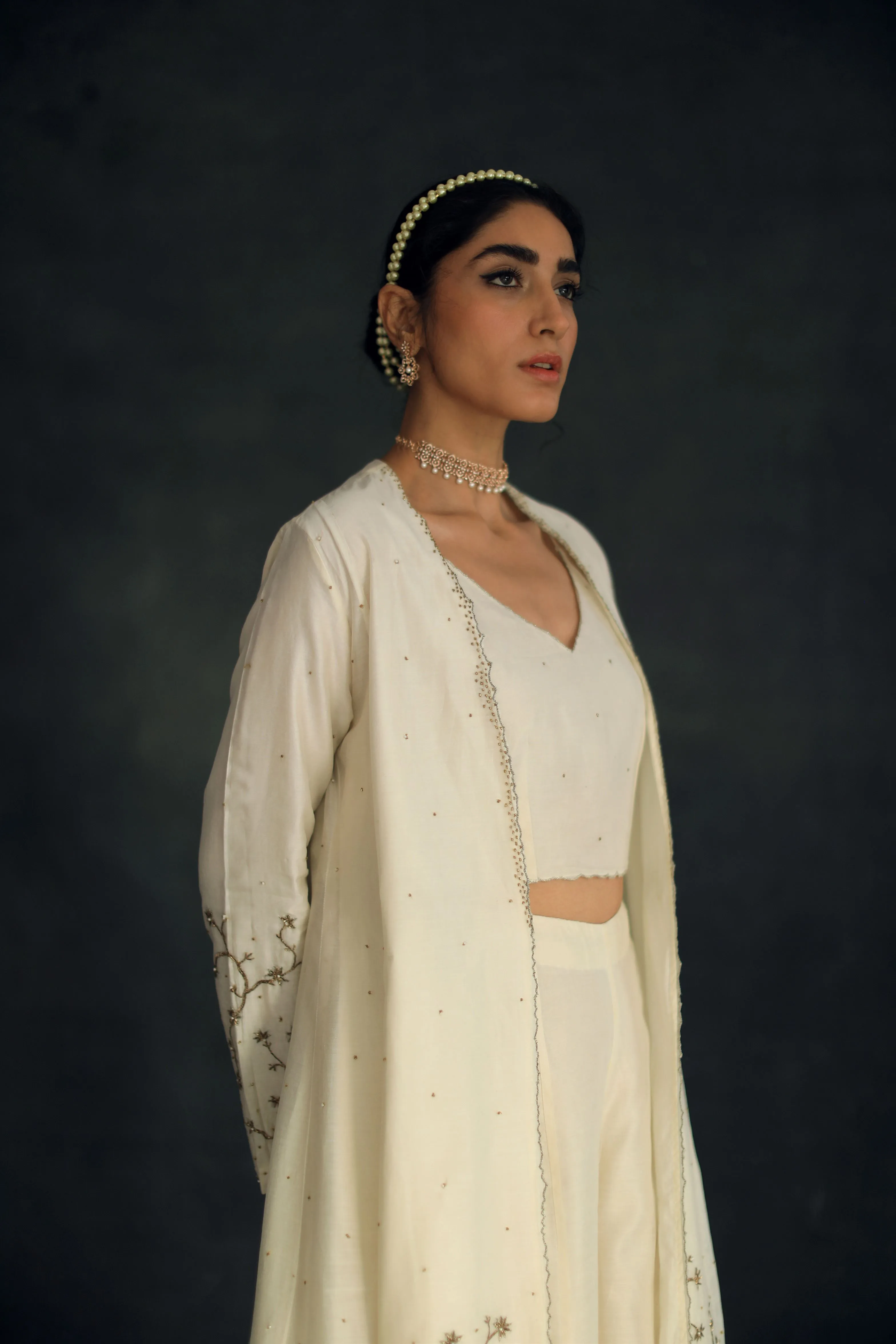 Shikha Mehta Ivana Ecru Taachi Jacket Set Silk Chanderi Ivory Hana Ss21F-Et