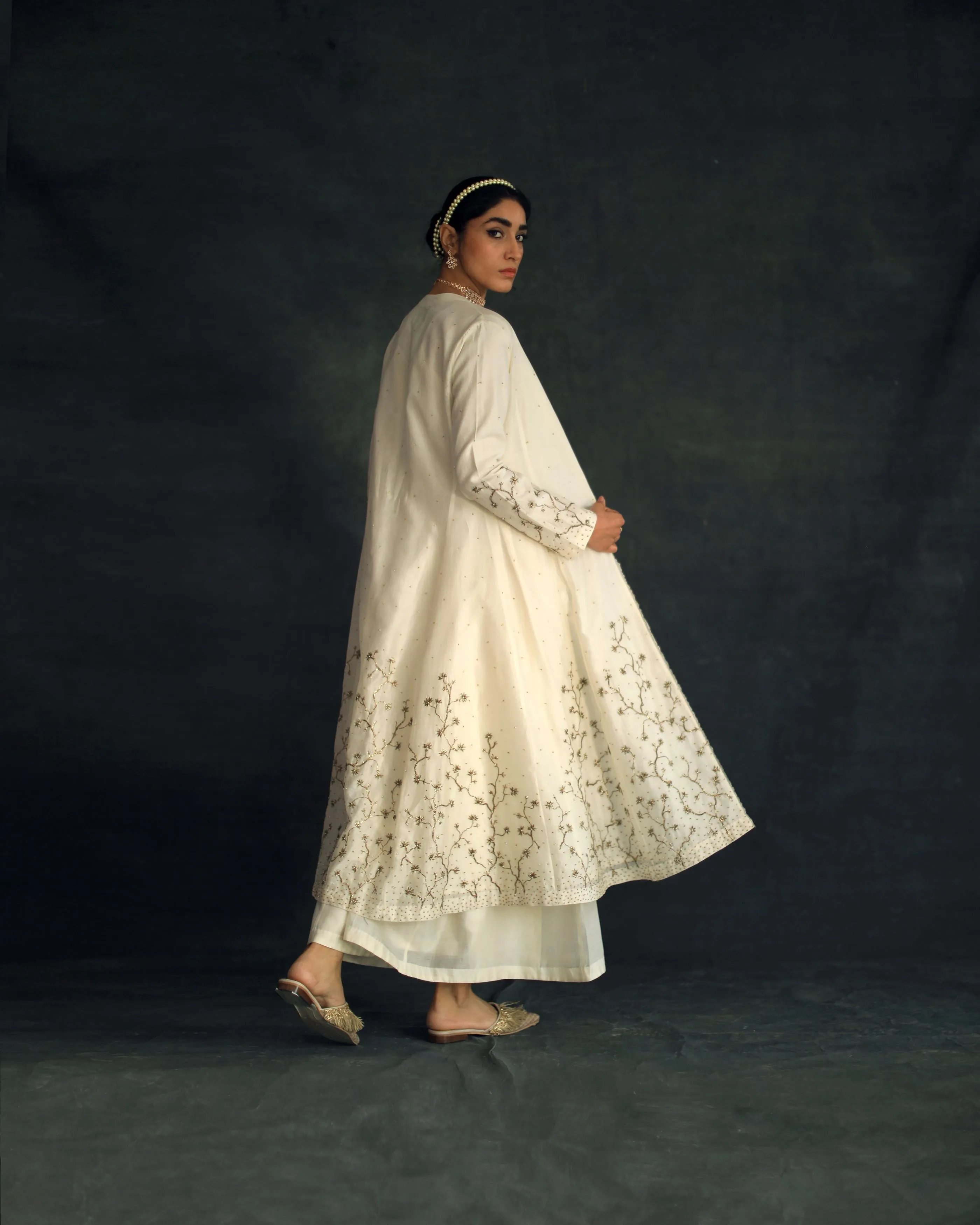 Shikha Mehta Ivana Ecru Taachi Jacket Set Silk Chanderi Ivory Hana Ss21F-Et