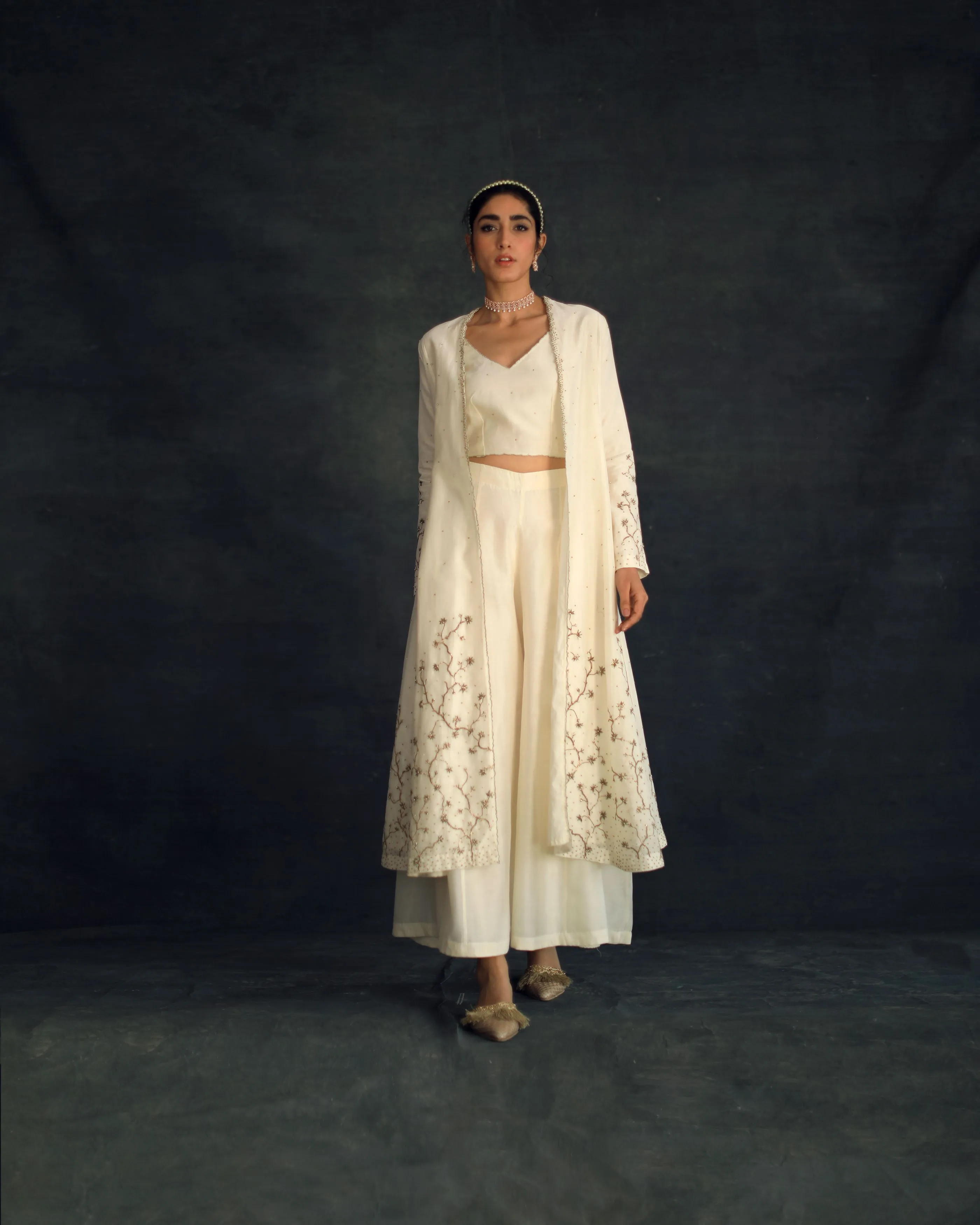 Shikha Mehta Ivana Ecru Taachi Jacket Set Silk Chanderi Ivory Hana Ss21F-Et