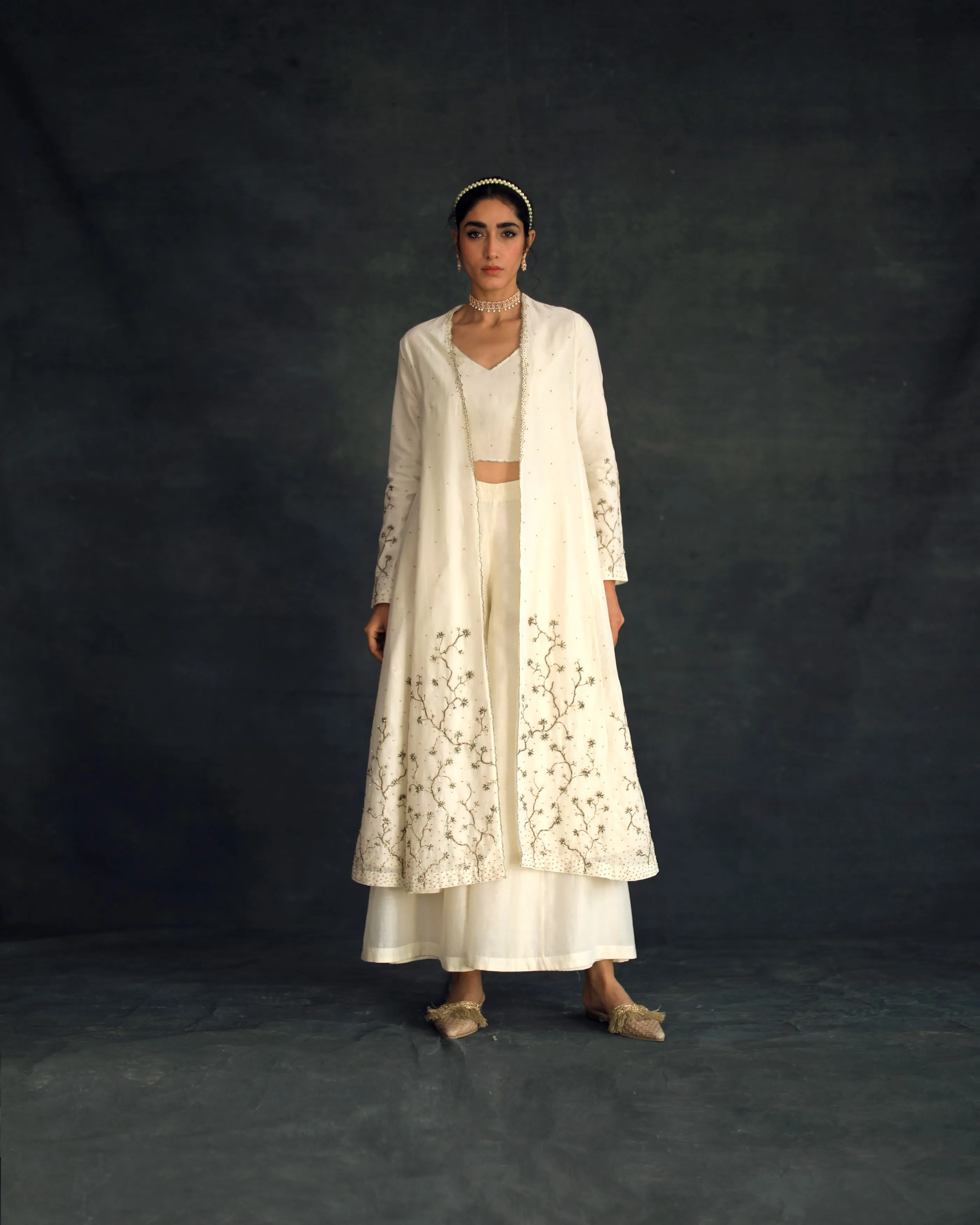 Shikha Mehta Ivana Ecru Taachi Jacket Set Silk Chanderi Ivory Hana Ss21F-Et