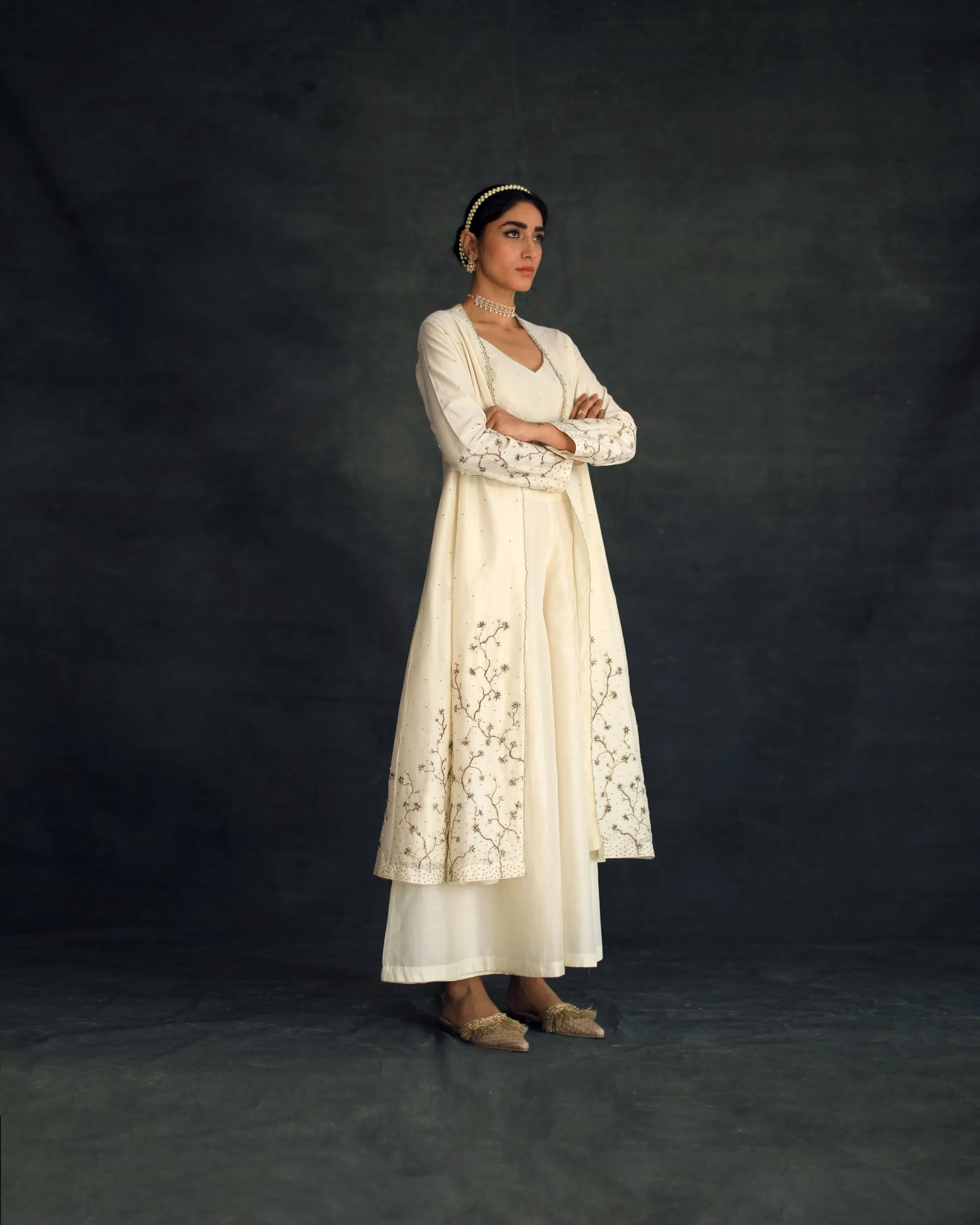 Shikha Mehta Ivana Ecru Taachi Jacket Set Silk Chanderi Ivory Hana Ss21F-Et