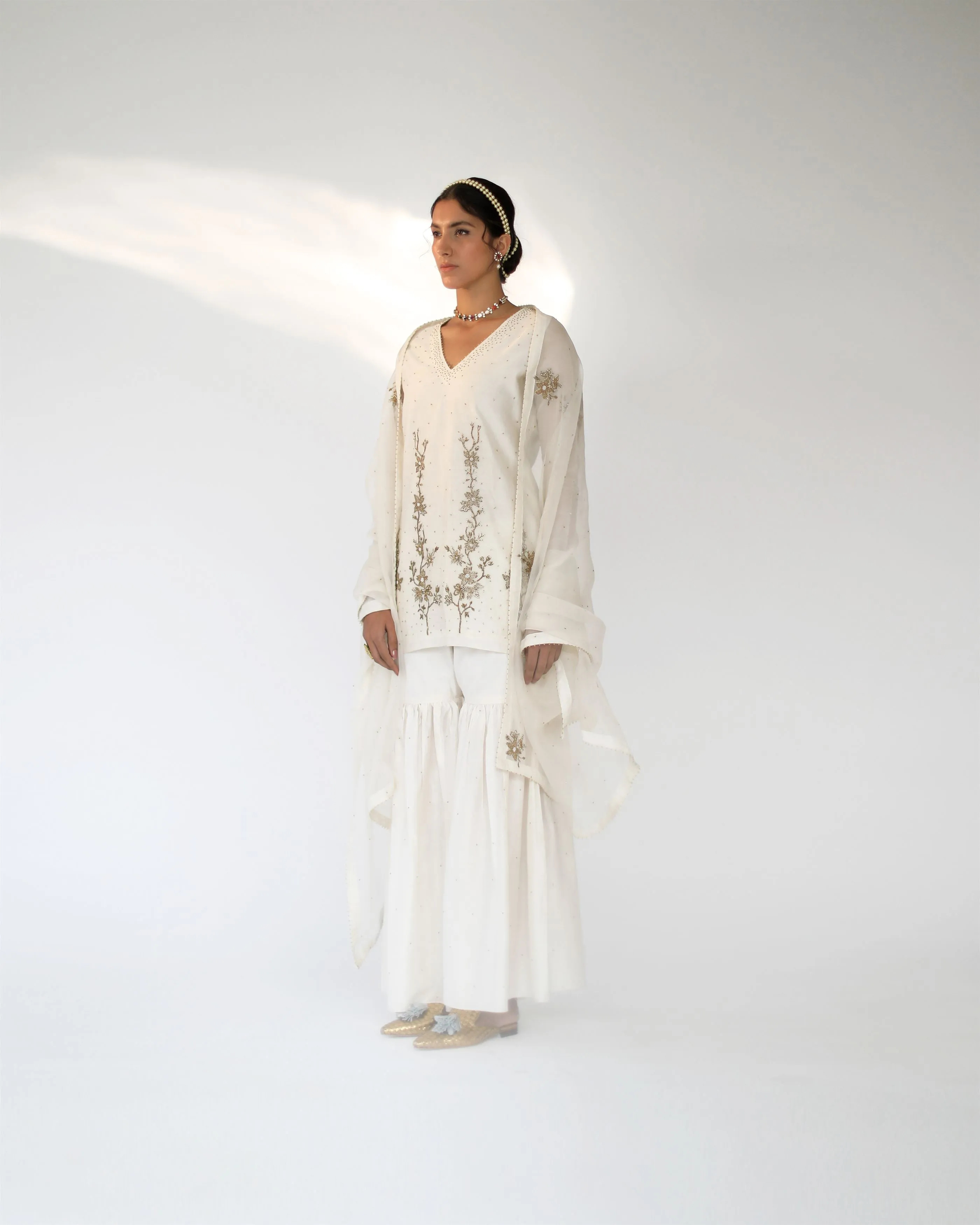 Shikha Mehta Roger Ecru Amairah Sharara Set Silk Chanderi Silk Organza Ivory Hana Ss21F-Ea