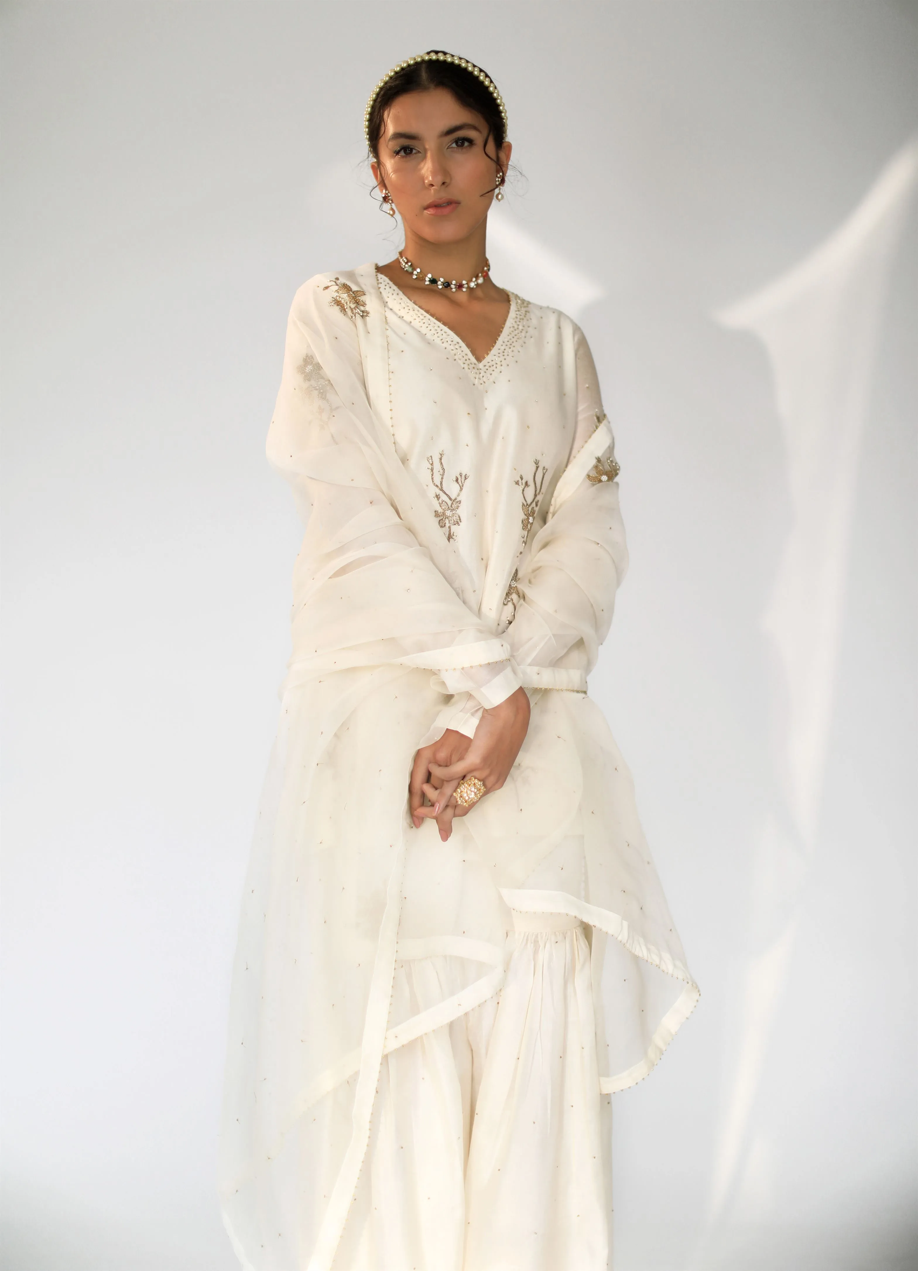 Shikha Mehta Roger Ecru Amairah Sharara Set Silk Chanderi Silk Organza Ivory Hana Ss21F-Ea