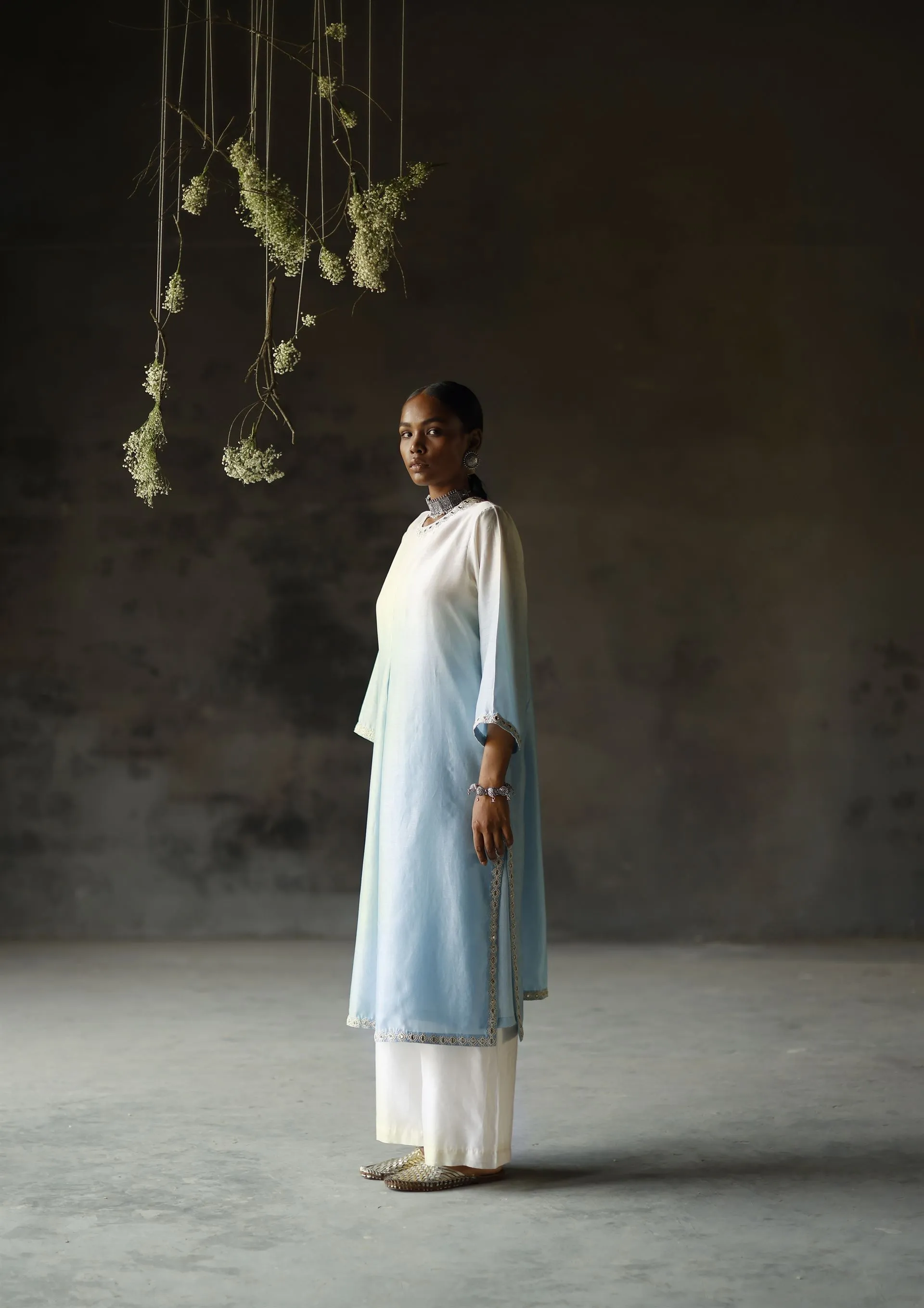 Shikha Mehta Shakira Asmani Angahi Tunic Set Silk Chanderi Blue Paak Ss24-Smaa21