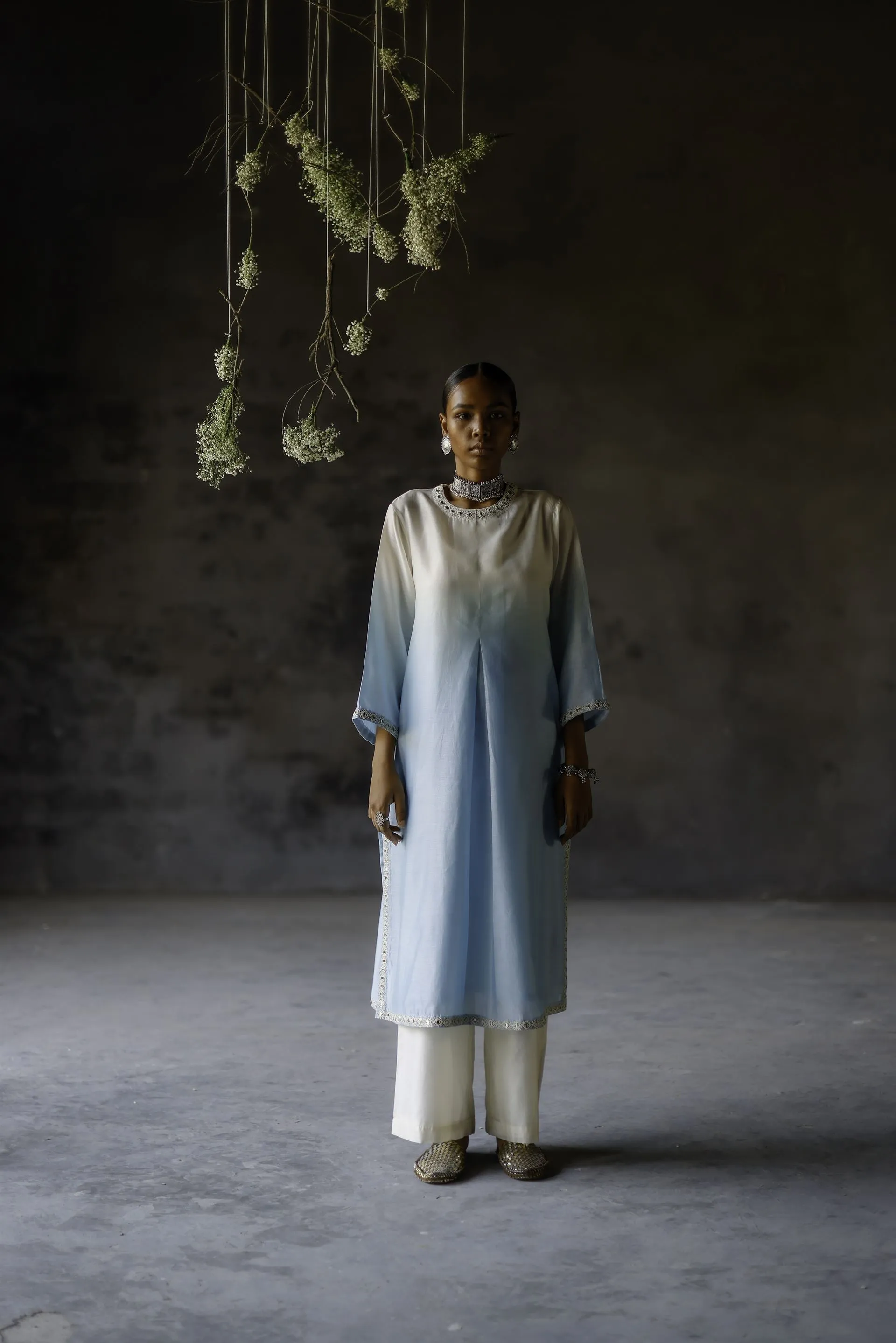 Shikha Mehta Shakira Asmani Angahi Tunic Set Silk Chanderi Blue Paak Ss24-Smaa21