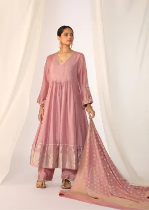 Silk Pintucked Kurta With Handwork Embroidery With Benarsi Border At Hem Paired With Pants  & Dupatta
