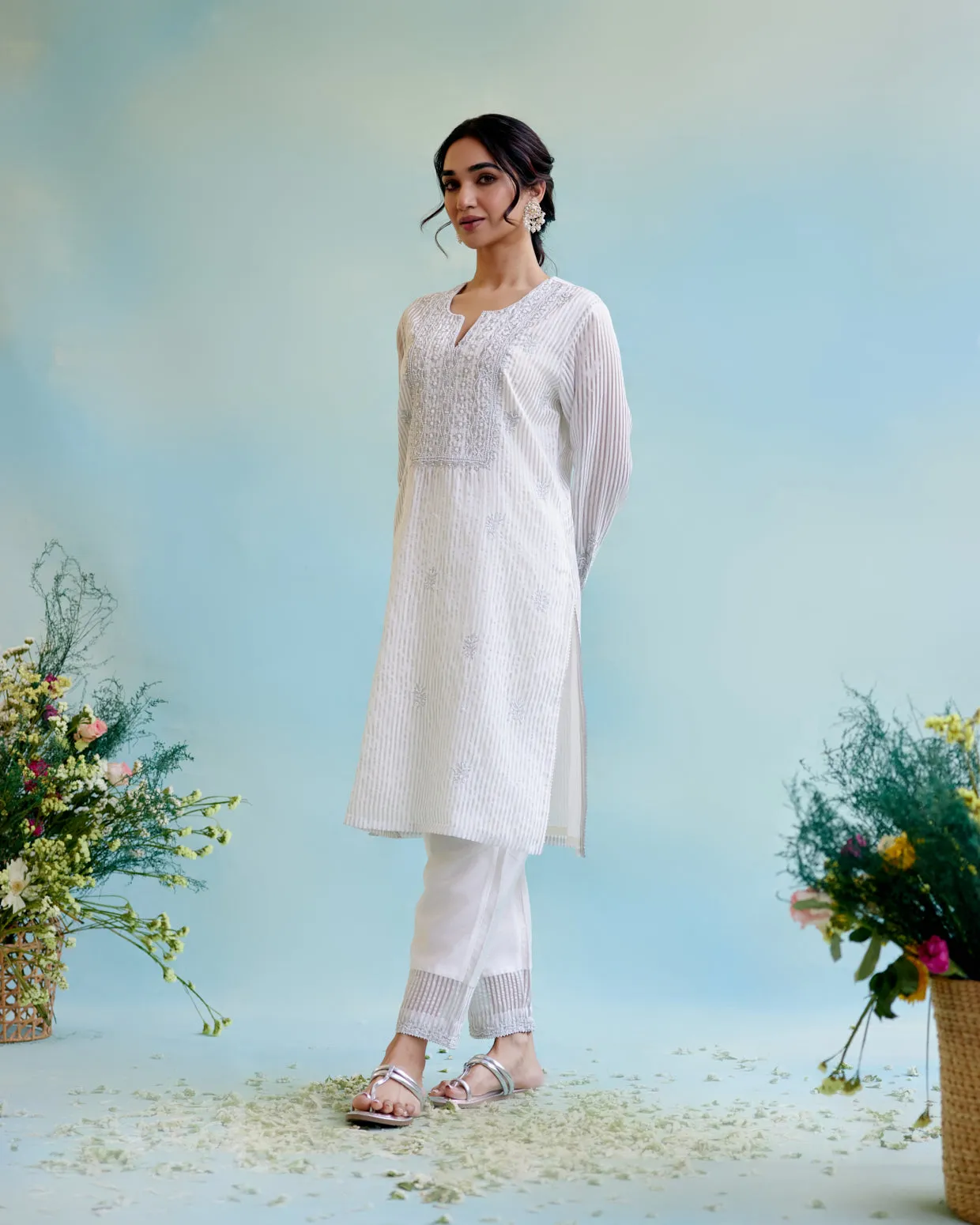Silver Zari Crushed Stripe Tissue Kurta with Narrow Pants