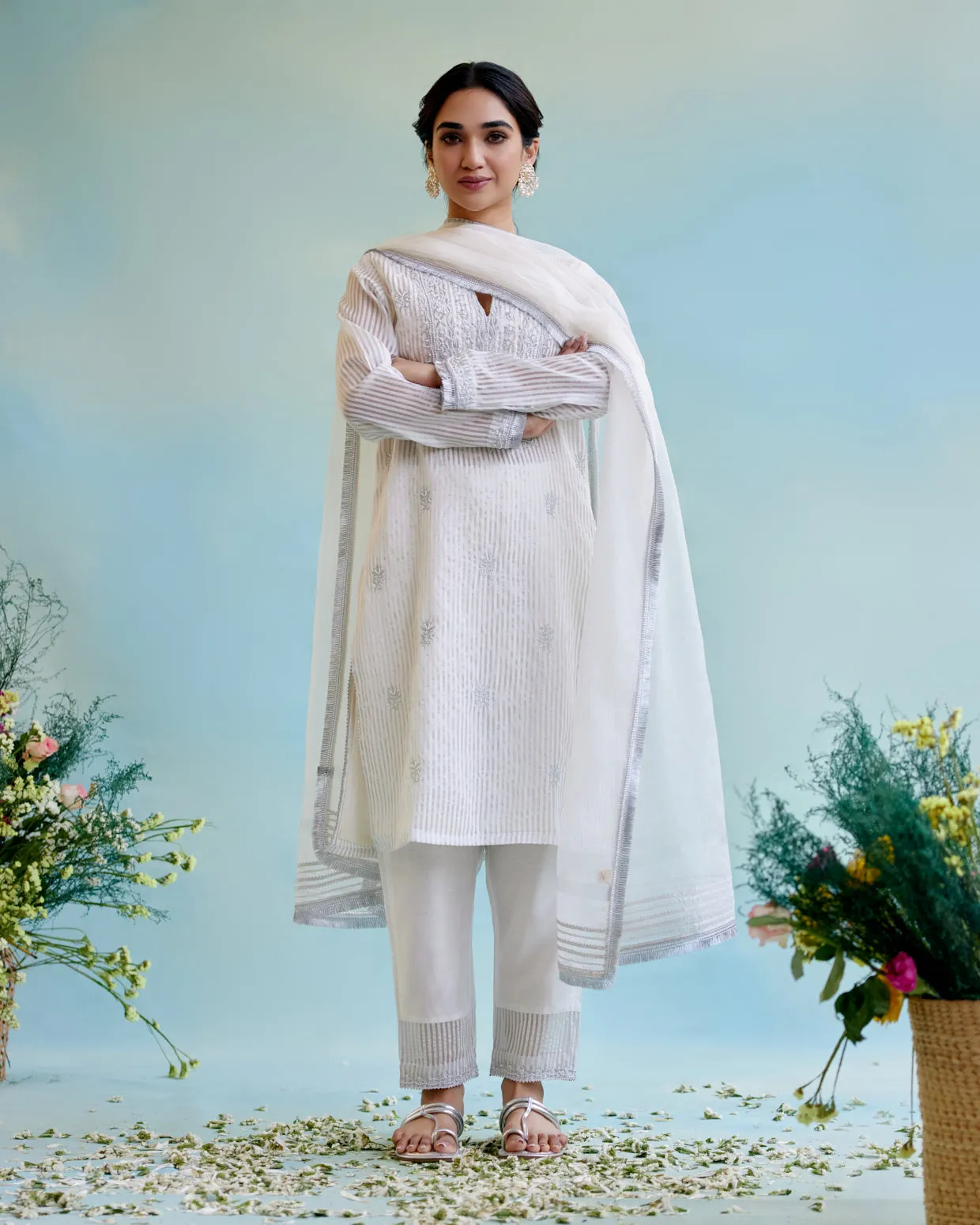 Silver Zari Crushed Stripe Tissue Kurta with Narrow Pants