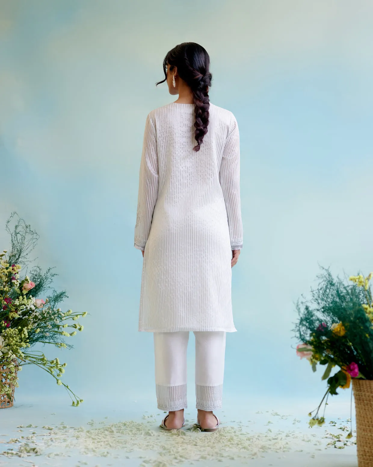 Silver Zari Crushed Stripe Tissue Kurta with Narrow Pants