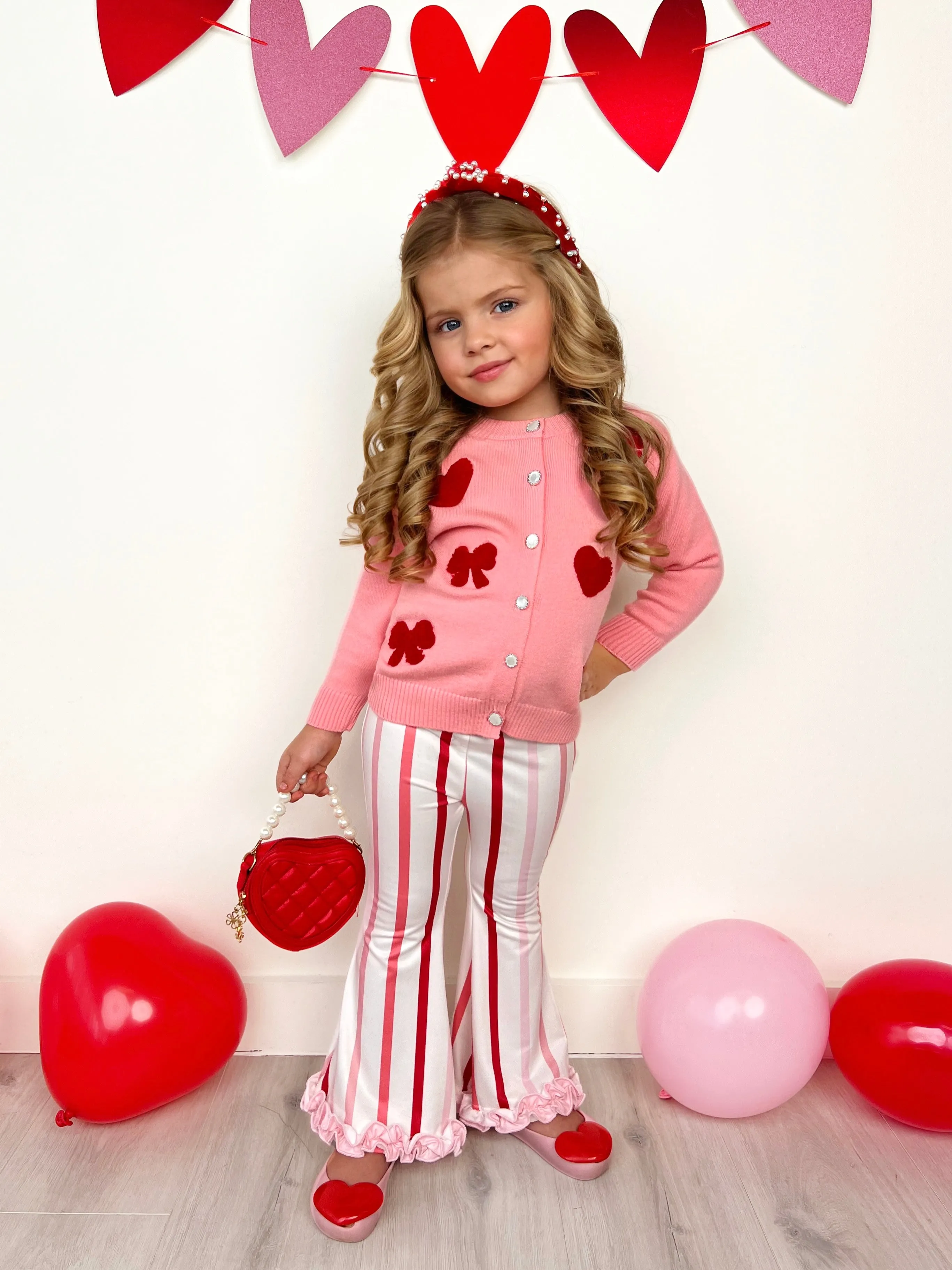 So Girly Embroidered Bow Cardigan and Striped Flare Pant Set