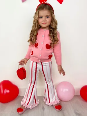 So Girly Embroidered Bow Cardigan and Striped Flare Pant Set
