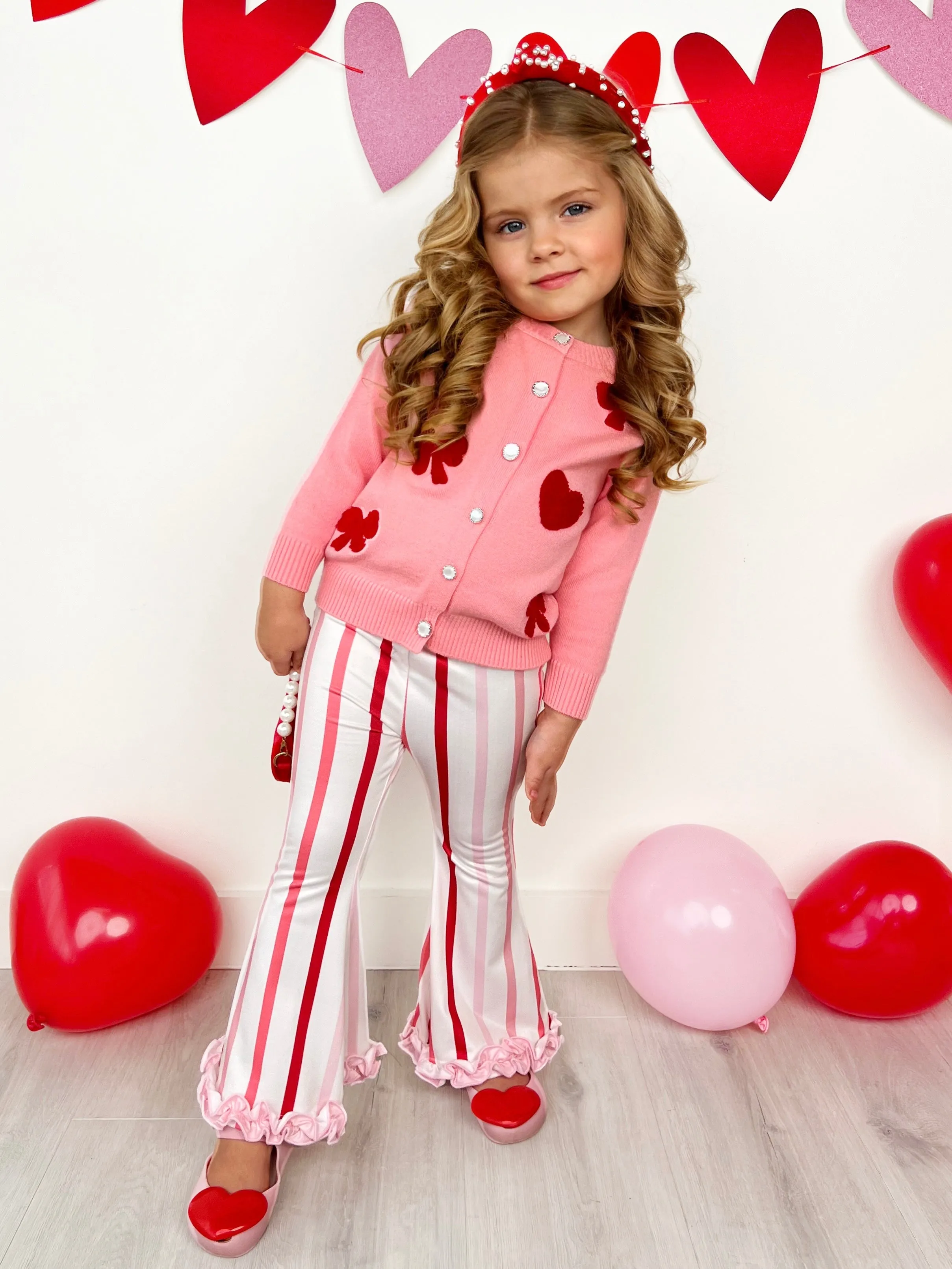 So Girly Embroidered Bow Cardigan and Striped Flare Pant Set