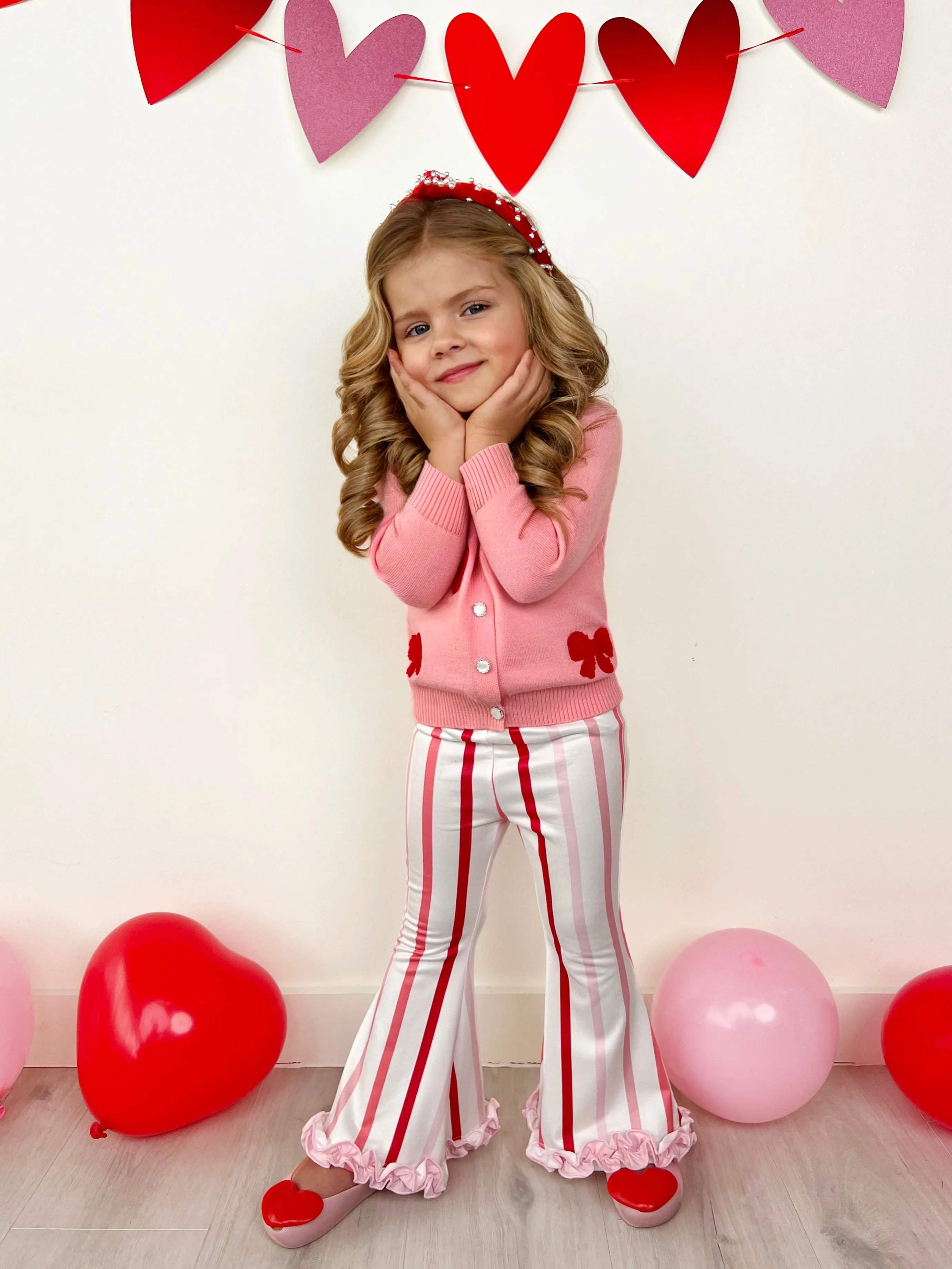 So Girly Embroidered Bow Cardigan and Striped Flare Pant Set