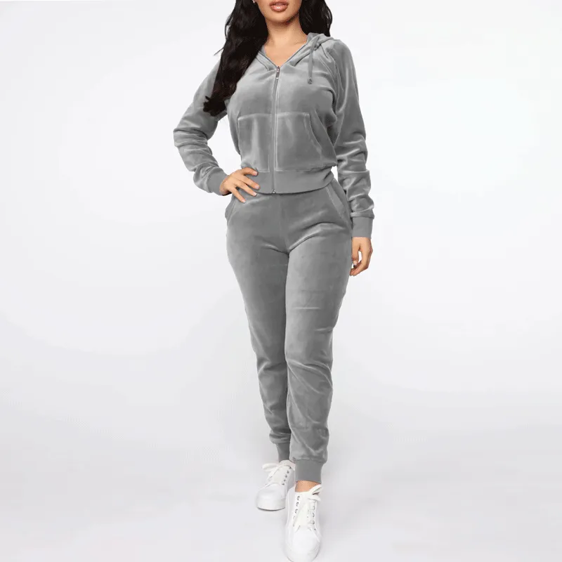 Solid Velvet Hoodie Top & Pants Set