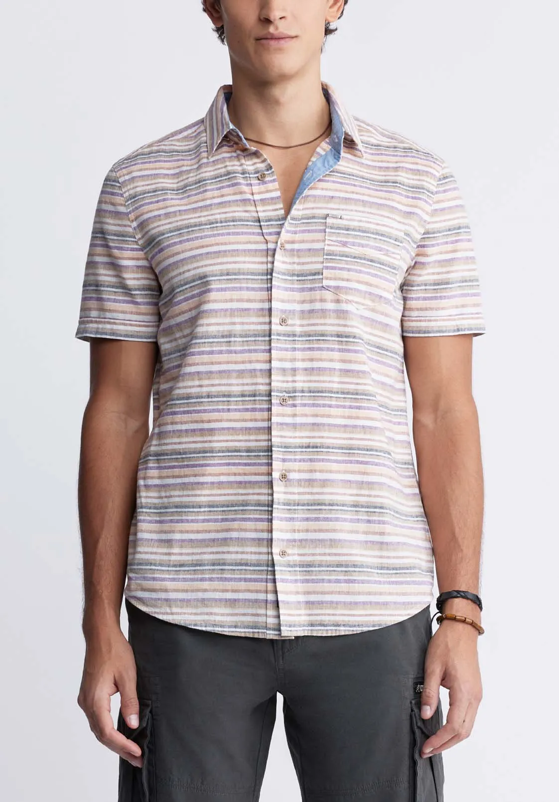 Sotaro Men's Short Sleeve Striped Shirt in Peach Sunset - BM24301
