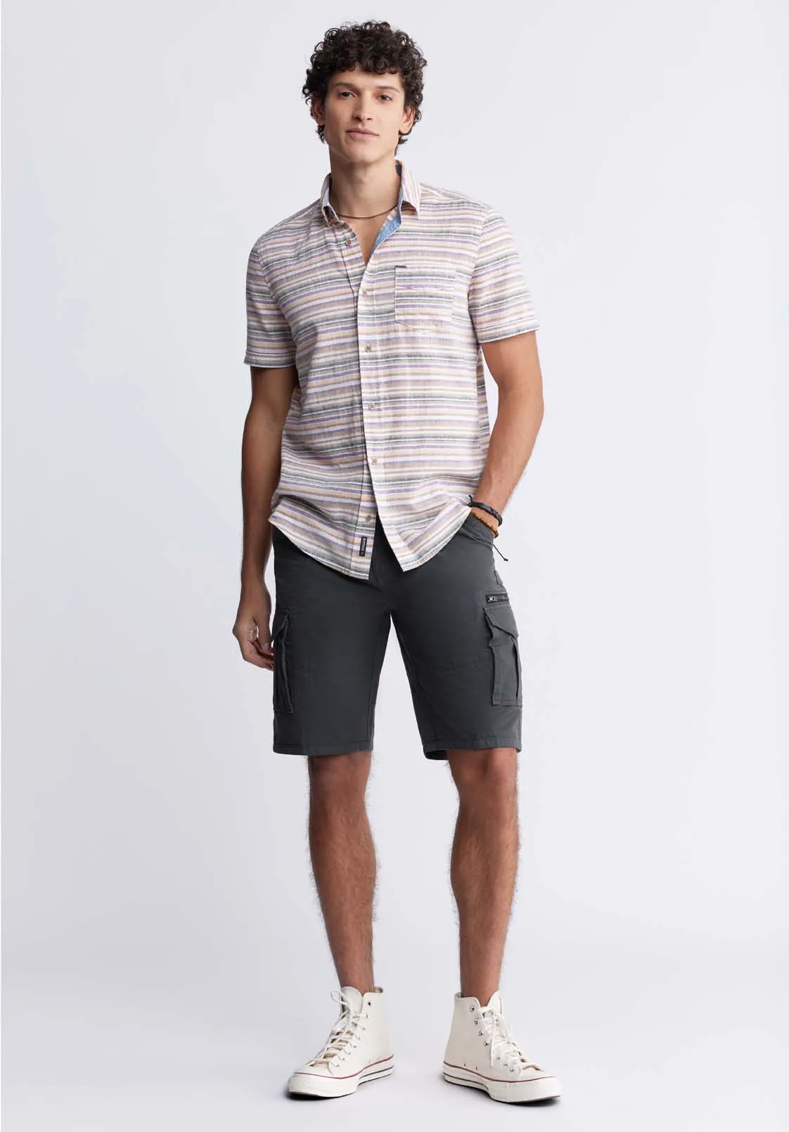 Sotaro Men's Short Sleeve Striped Shirt in Peach Sunset - BM24301