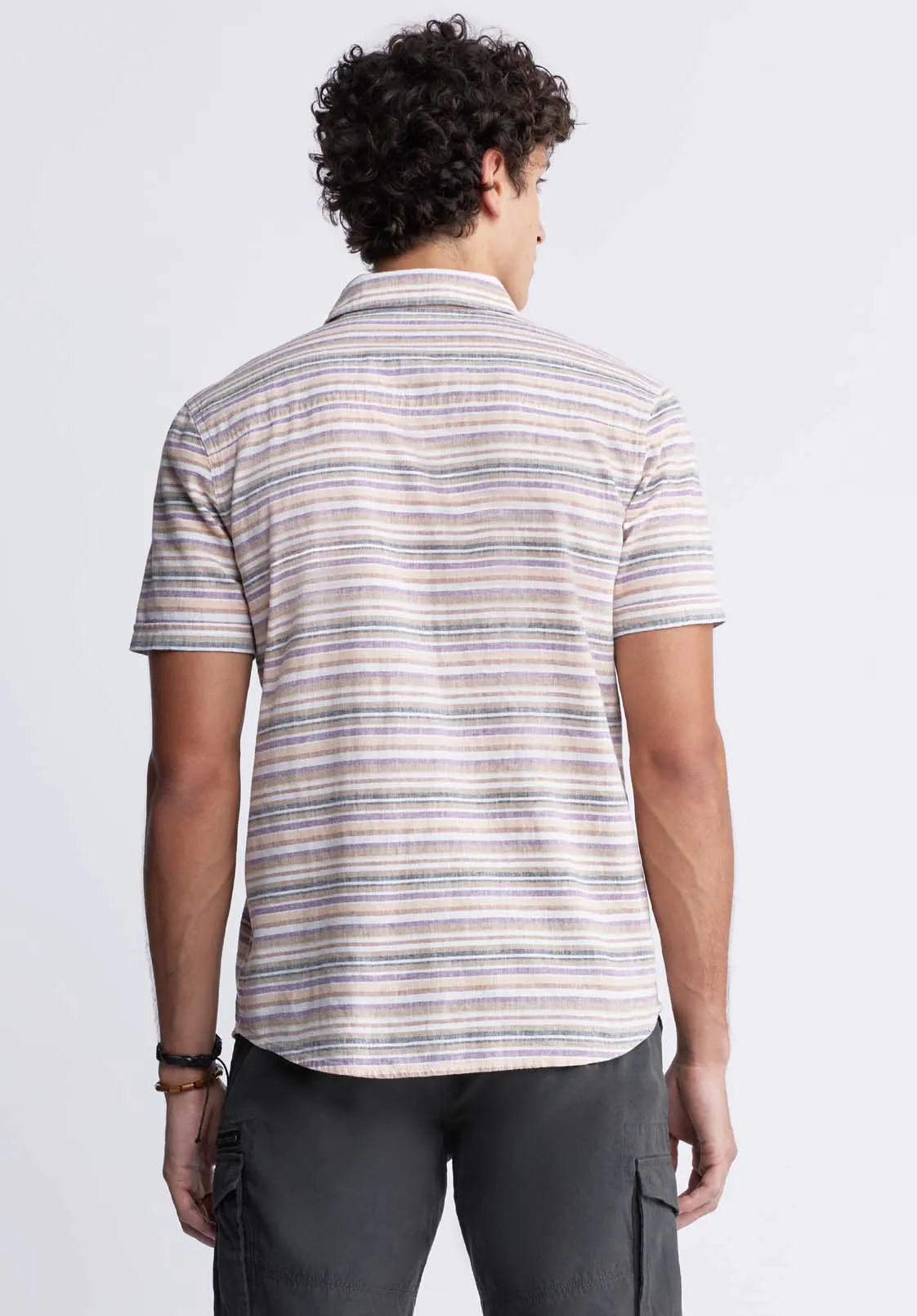 Sotaro Men's Short Sleeve Striped Shirt in Peach Sunset - BM24301