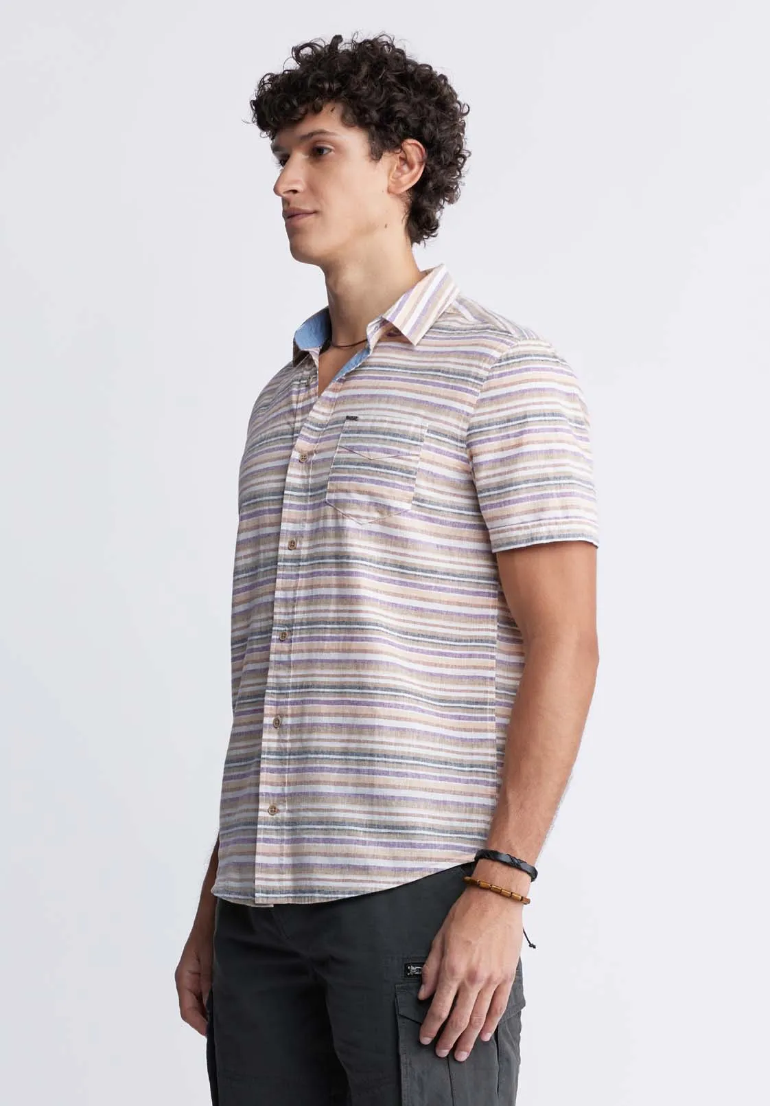 Sotaro Men's Short Sleeve Striped Shirt in Peach Sunset - BM24301
