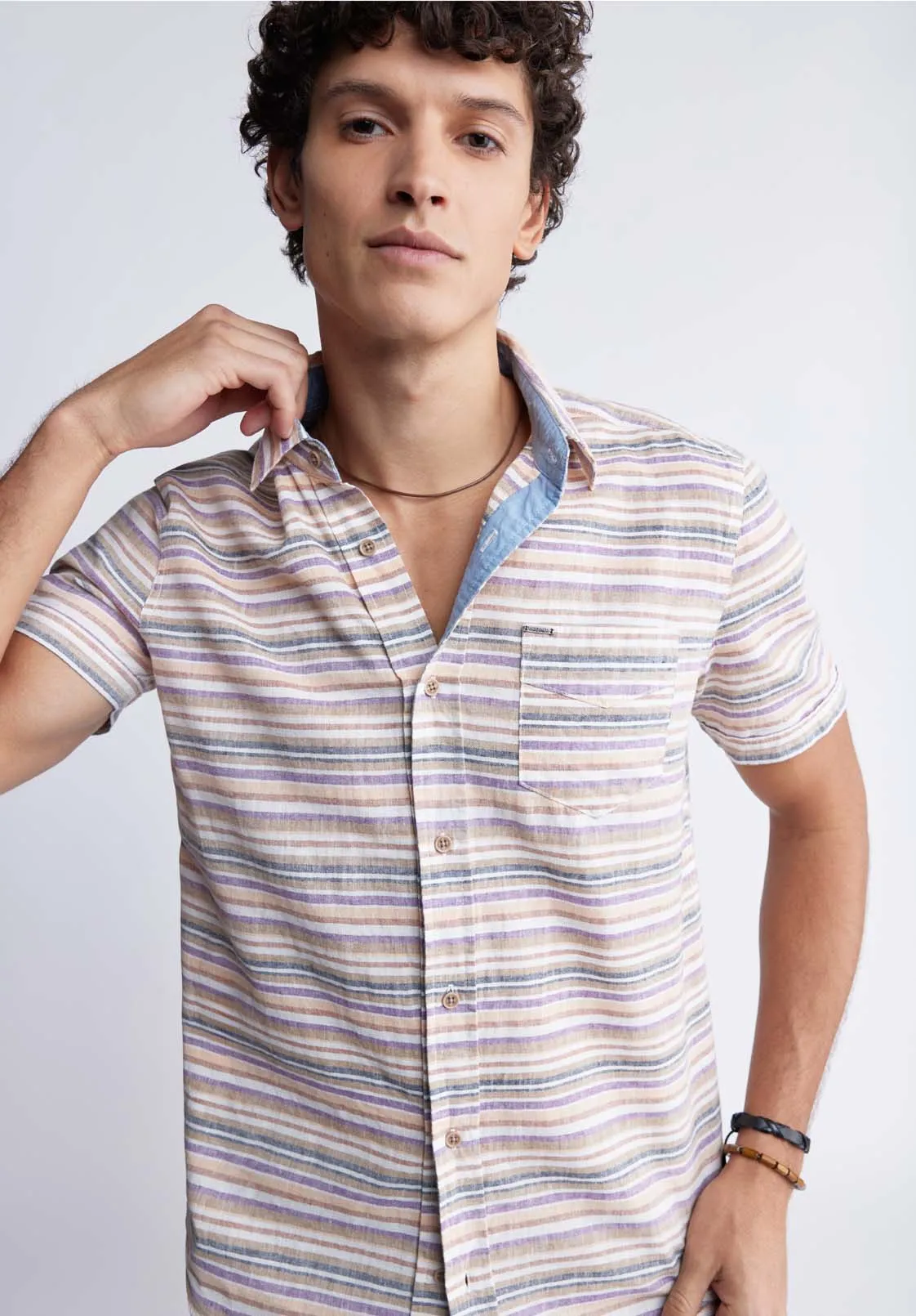 Sotaro Men's Short Sleeve Striped Shirt in Peach Sunset - BM24301