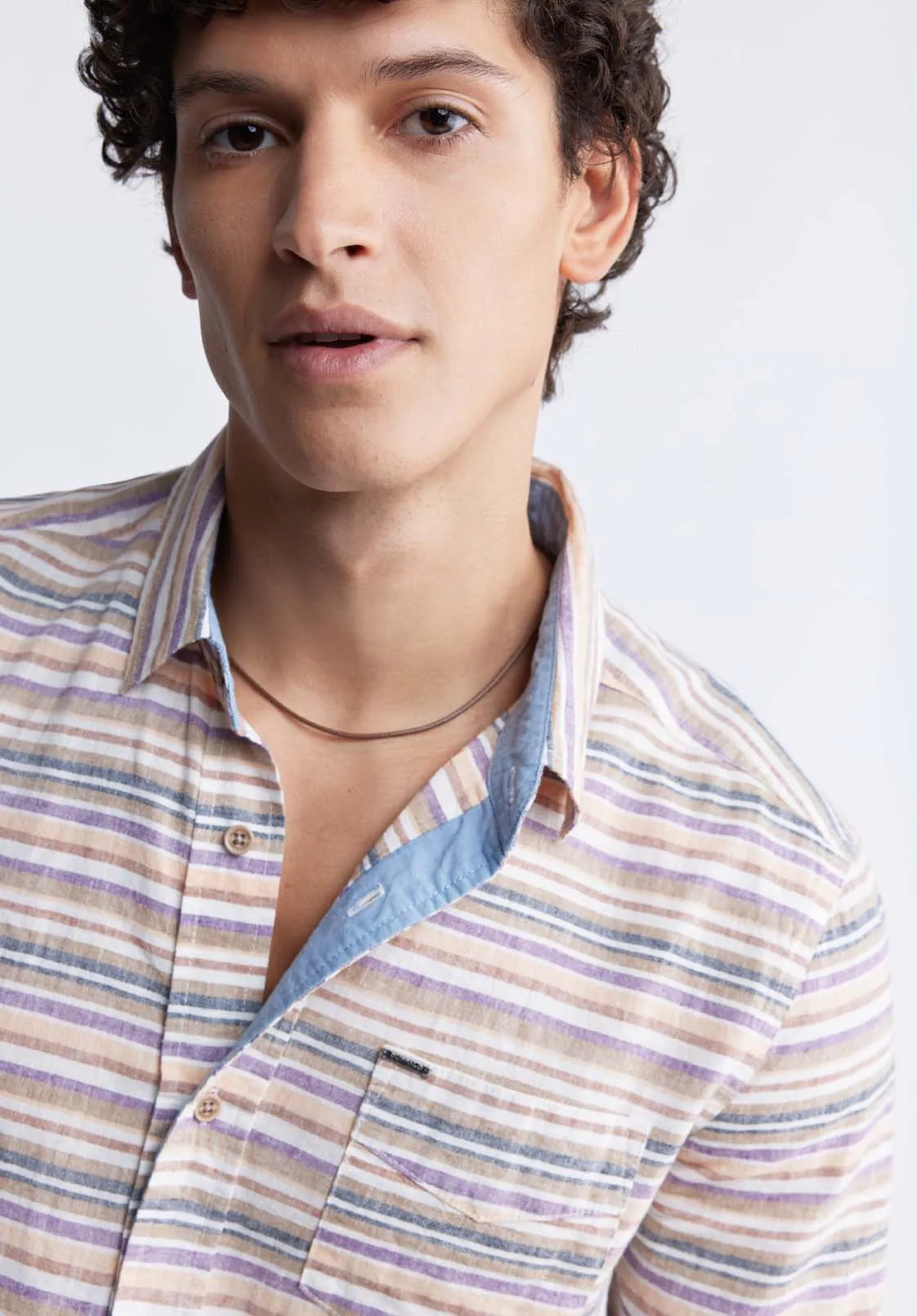 Sotaro Men's Short Sleeve Striped Shirt in Peach Sunset - BM24301