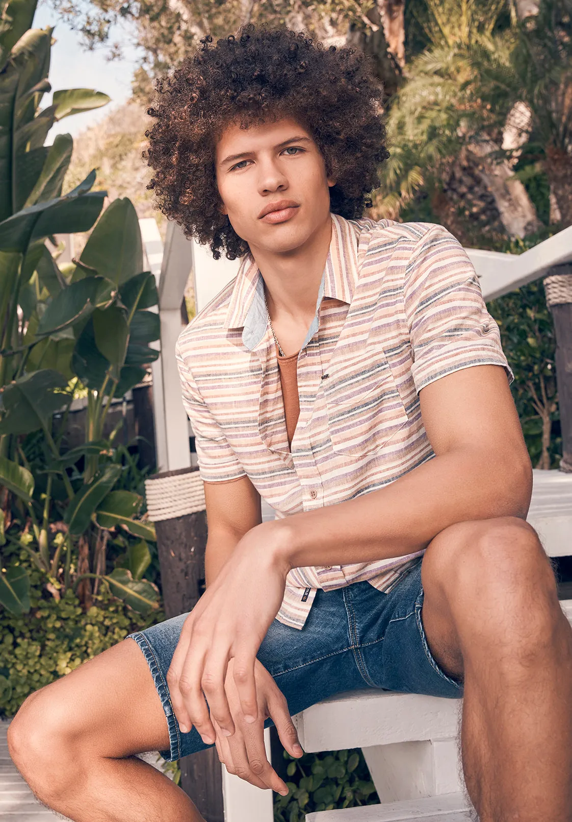 Sotaro Men's Short Sleeve Striped Shirt in Peach Sunset - BM24301