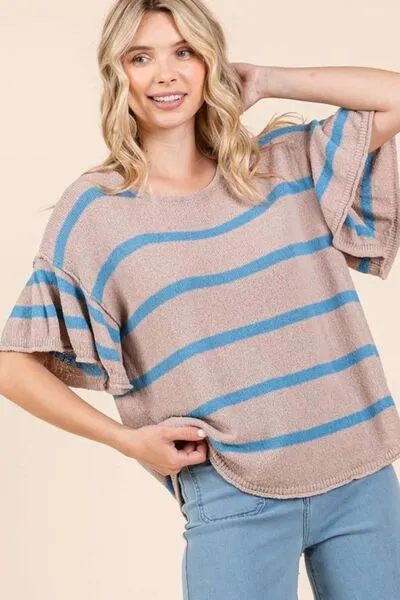Striped Flounce Sleeve Knit Top