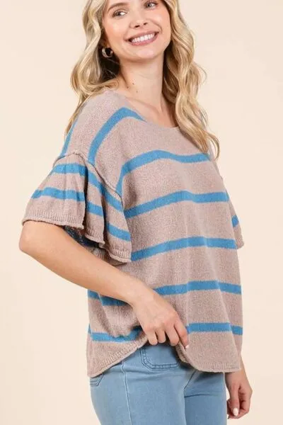 Striped Flounce Sleeve Knit Top