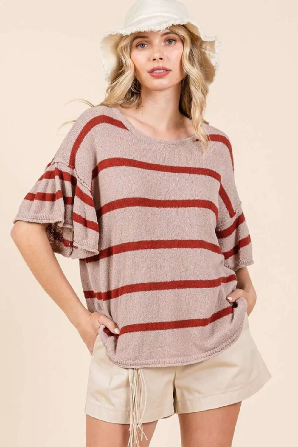 Striped Flounce Sleeve Knit Top