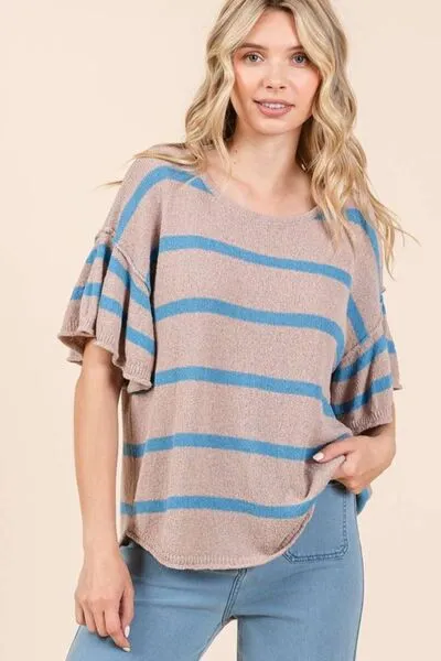 Striped Flounce Sleeve Knit Top