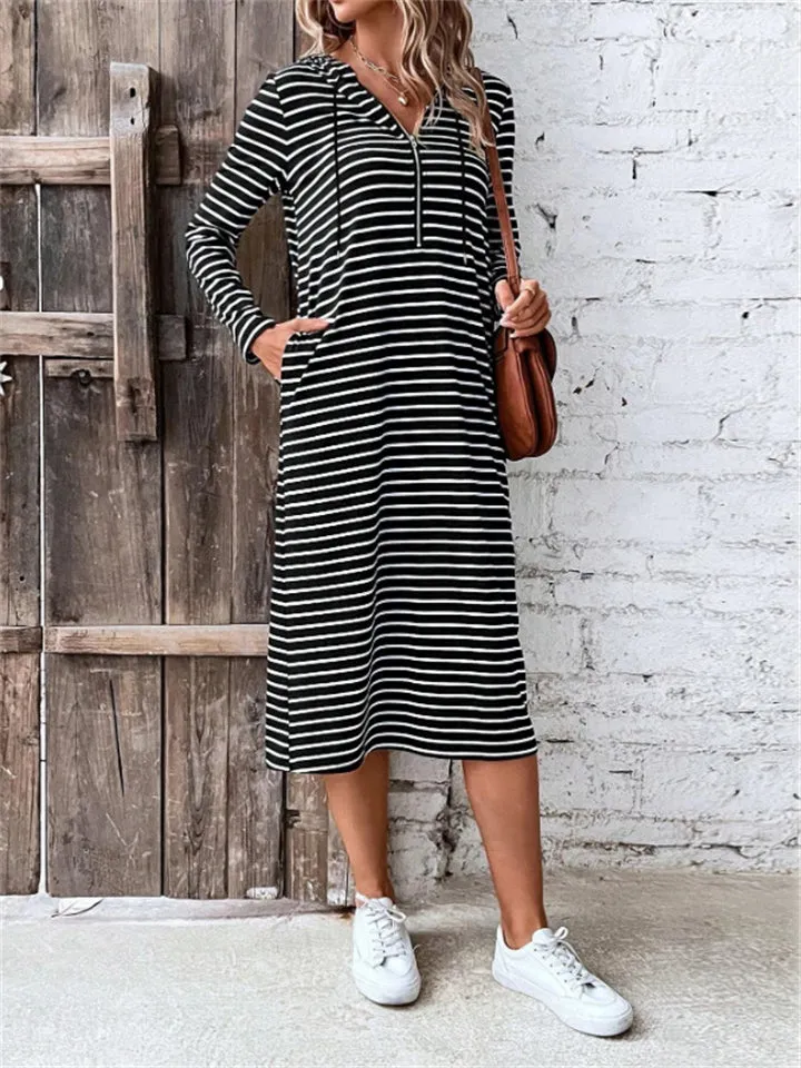 Stylish Long Sleeve Hooded Striped Dresses for Autumn