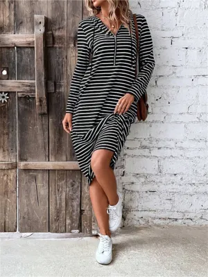Stylish Long Sleeve Hooded Striped Dresses for Autumn