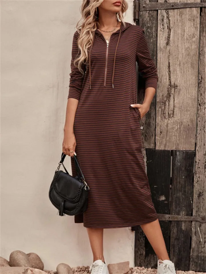 Stylish Long Sleeve Hooded Striped Dresses for Autumn