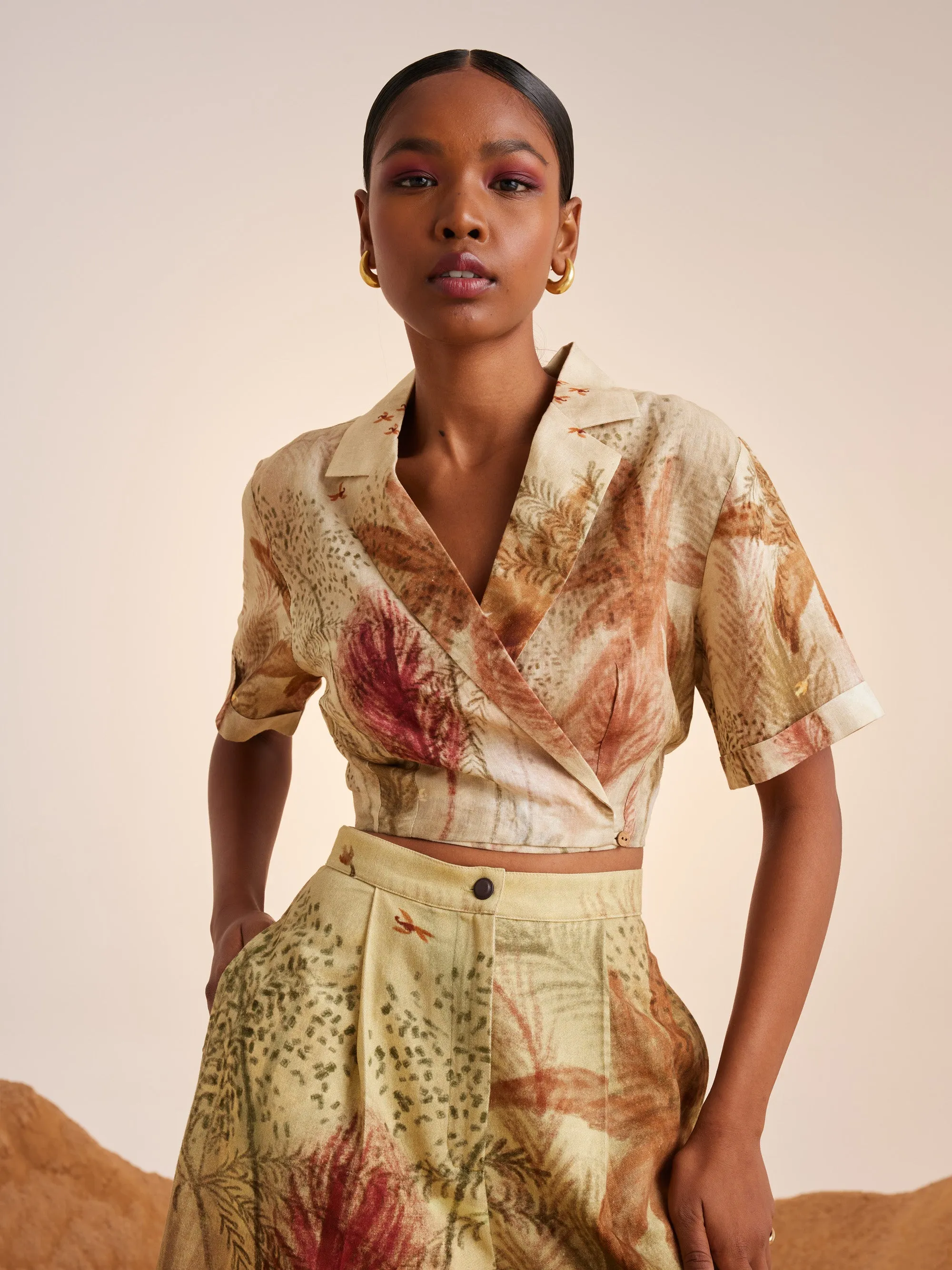 Summer Co-Ord Set Top Cropped Overlap-Woods-Linen Cotton Twill Ss25-Oct-Set-Wod-Cord