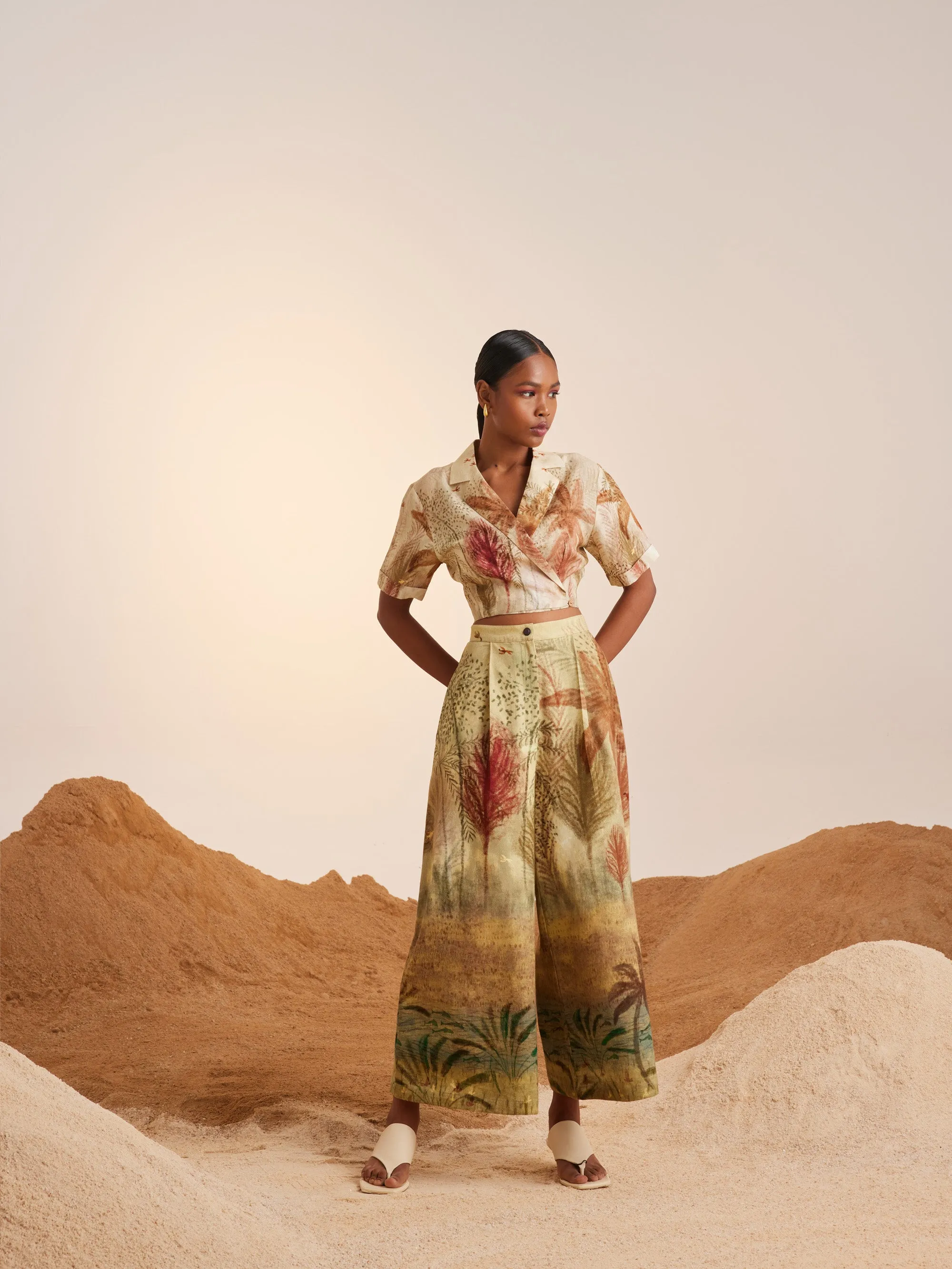 Summer Co-Ord Set Top Cropped Overlap-Woods-Linen Cotton Twill Ss25-Oct-Set-Wod-Cord
